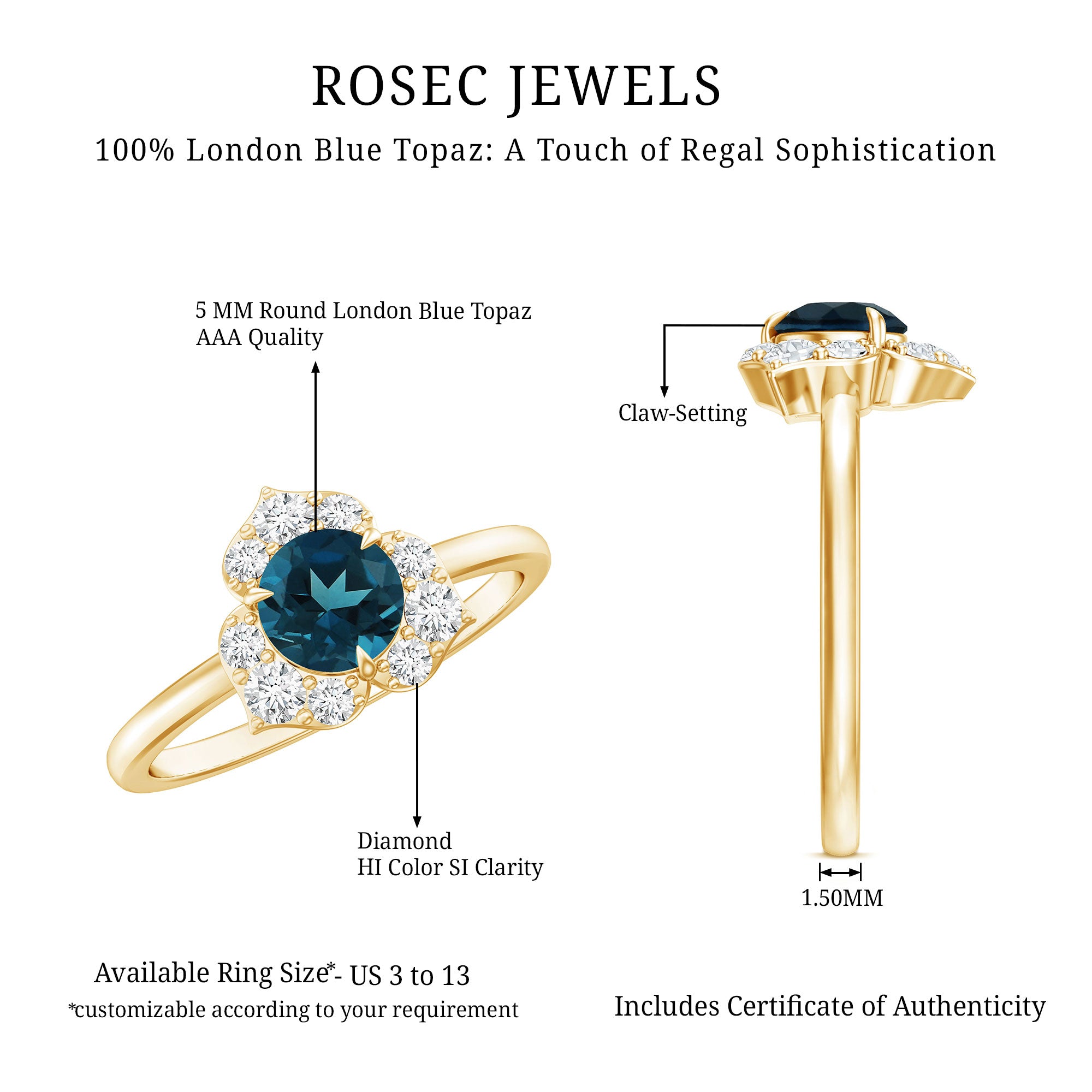 Round London Blue Topaz Floral Engagement Ring with Diamond AAA - Rosec Jewels