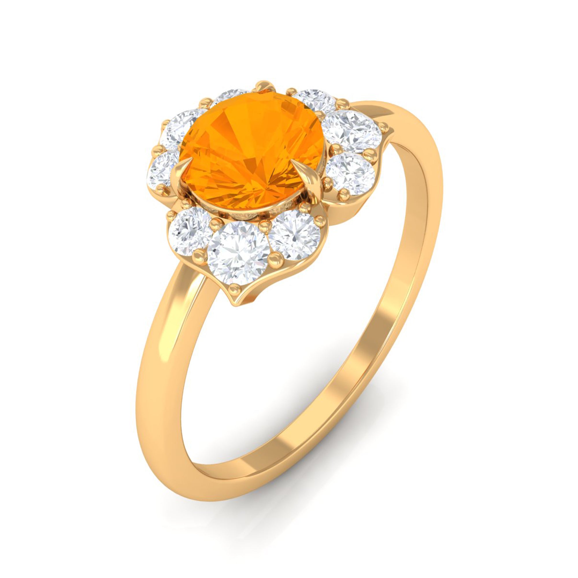 Round Fire Opal Flower Engagement Ring with Diamond AAA - Rosec Jewels