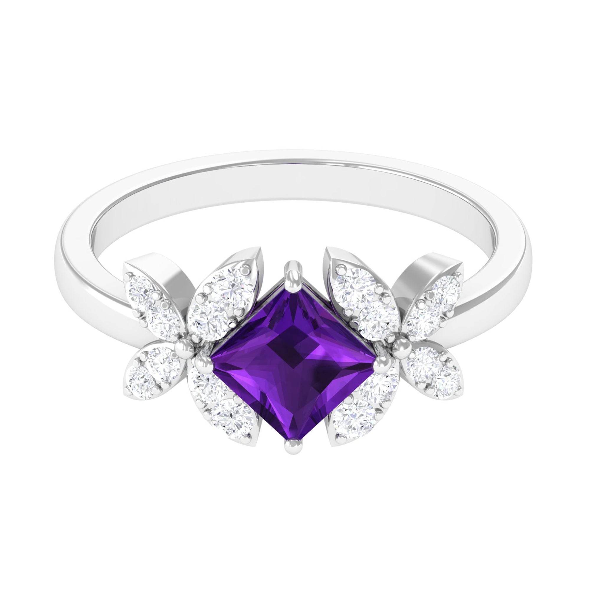 Princess Cut Amethyst Floral Engagement Ring with Diamond AAA - Rosec Jewels