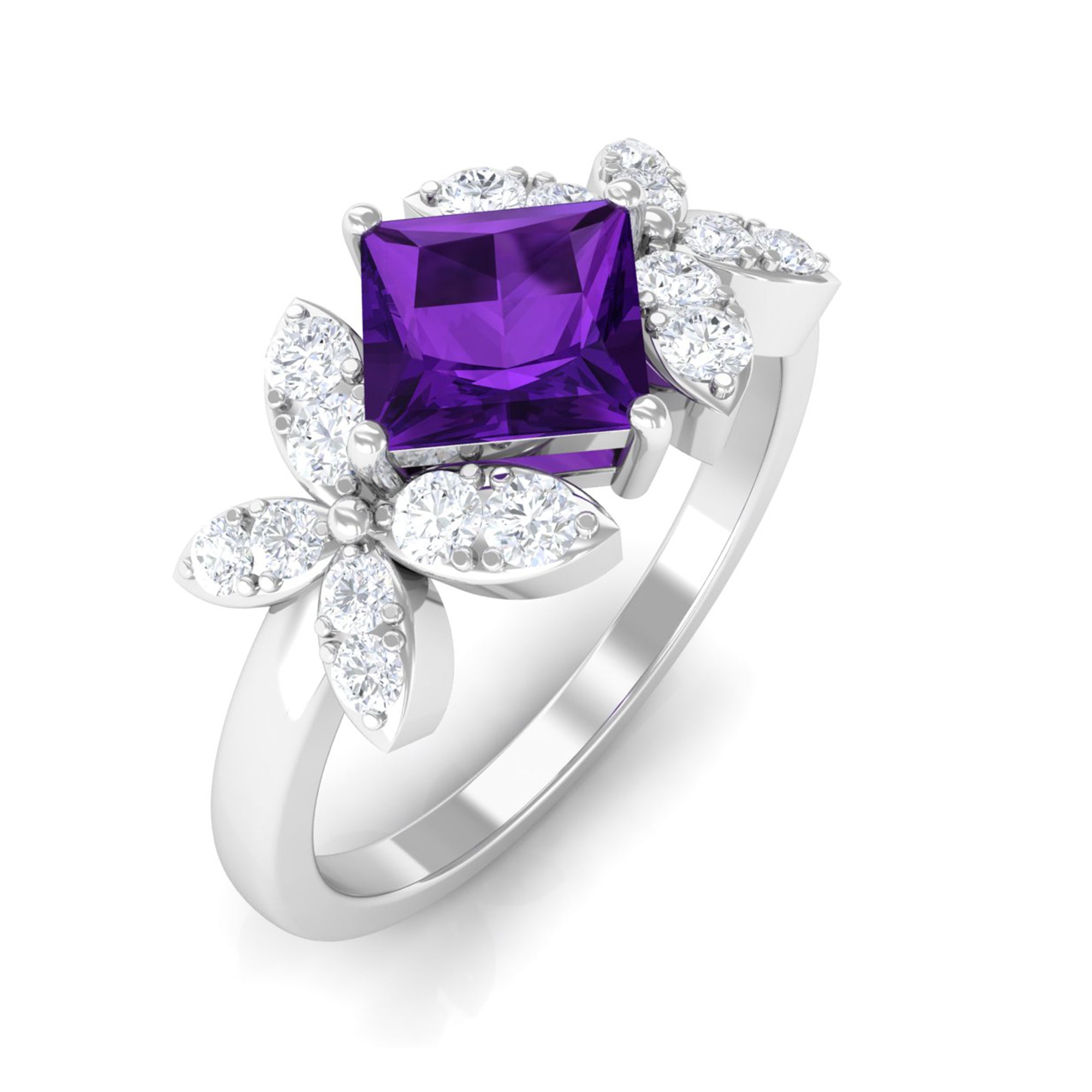 Princess Cut Amethyst Floral Engagement Ring with Diamond AAA - Rosec Jewels