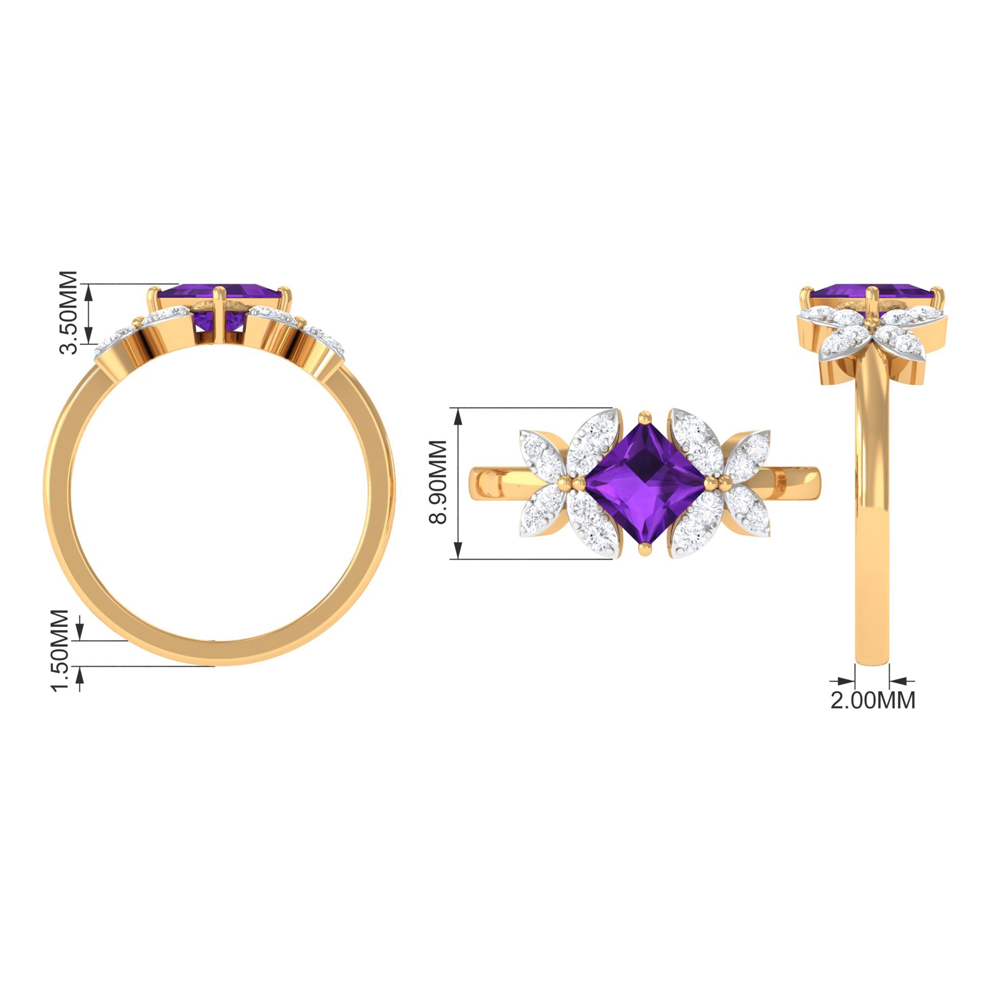 Princess Cut Amethyst Floral Engagement Ring with Diamond AAA - Rosec Jewels
