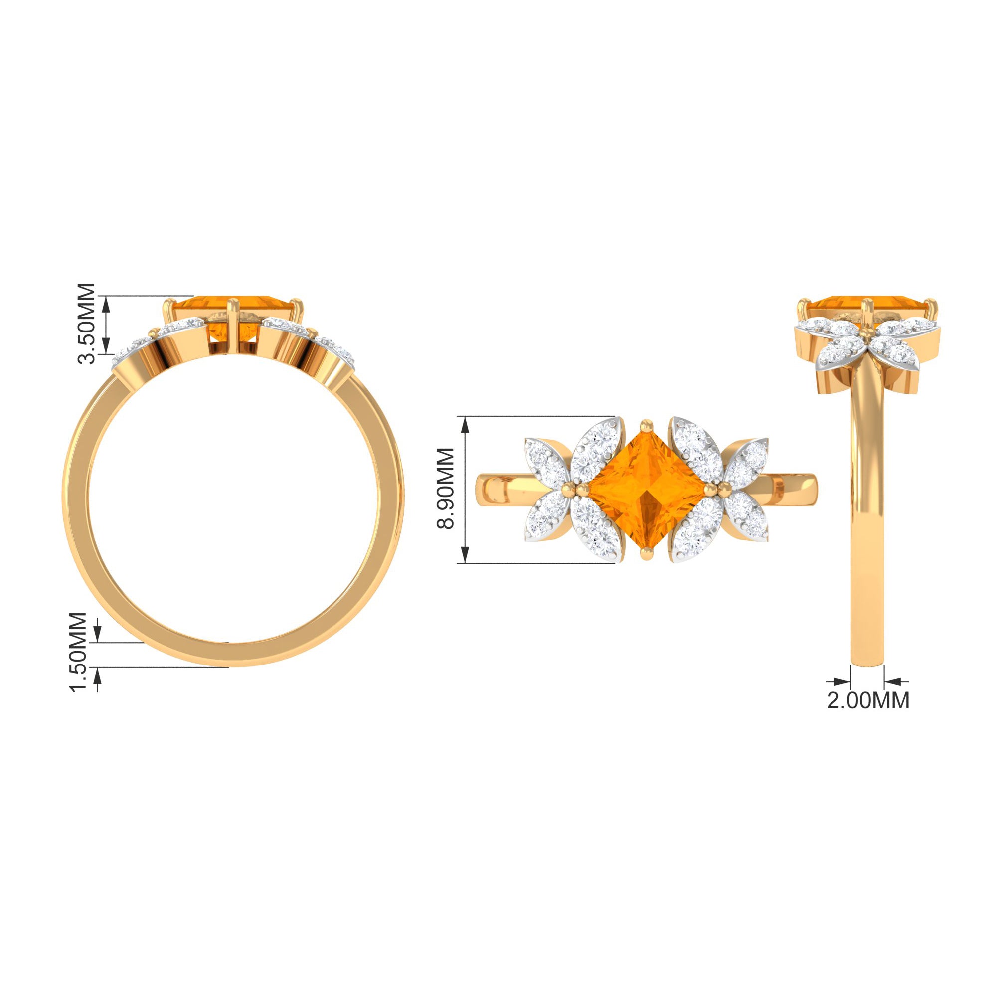 1.50 CT Princess Cut Fire Opal Flower Engagement Ring with Diamond AAA - Rosec Jewels