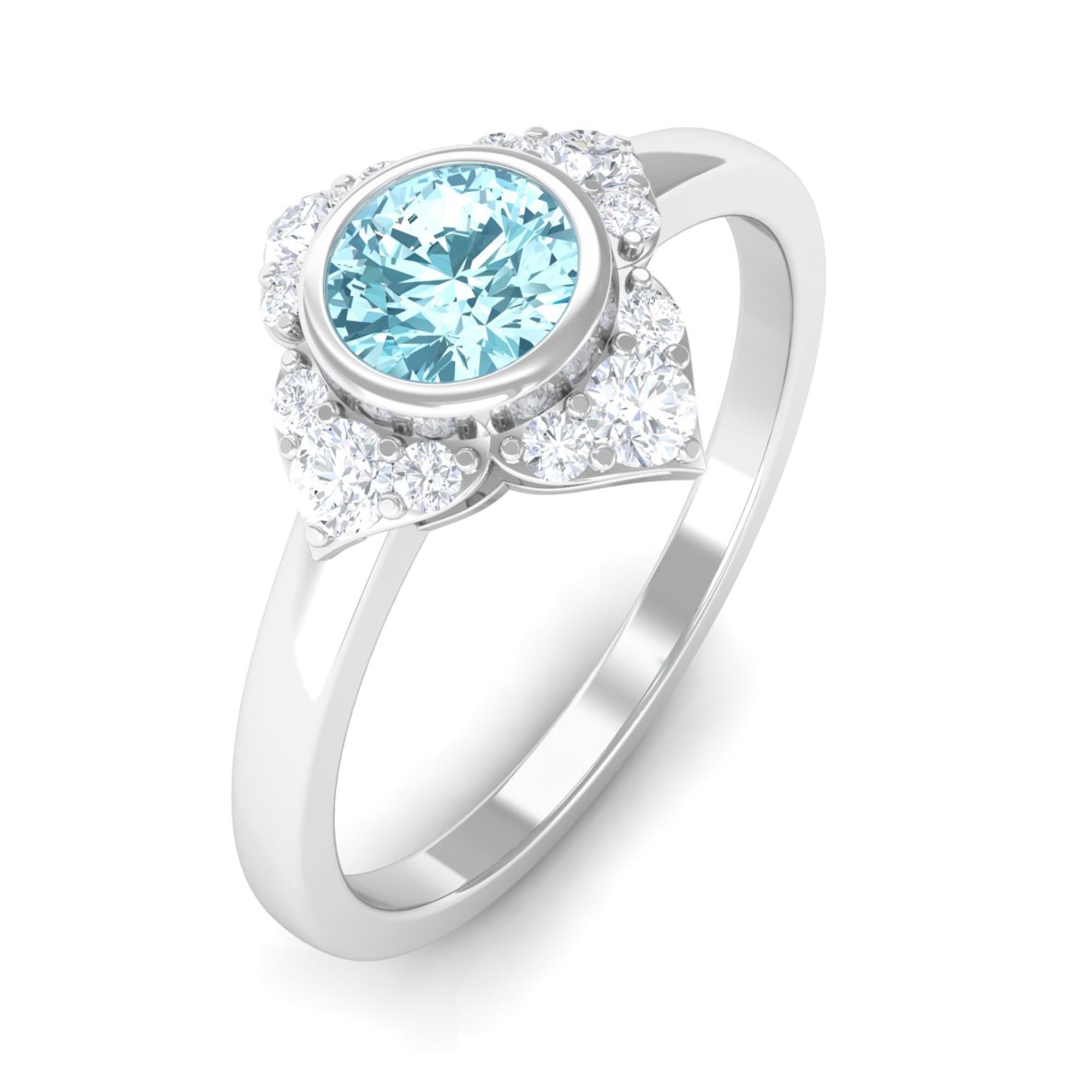 Bezel Set Aquamarine and Diamond Flower Engagement Ring with Certificate AAA - Rosec Jewels