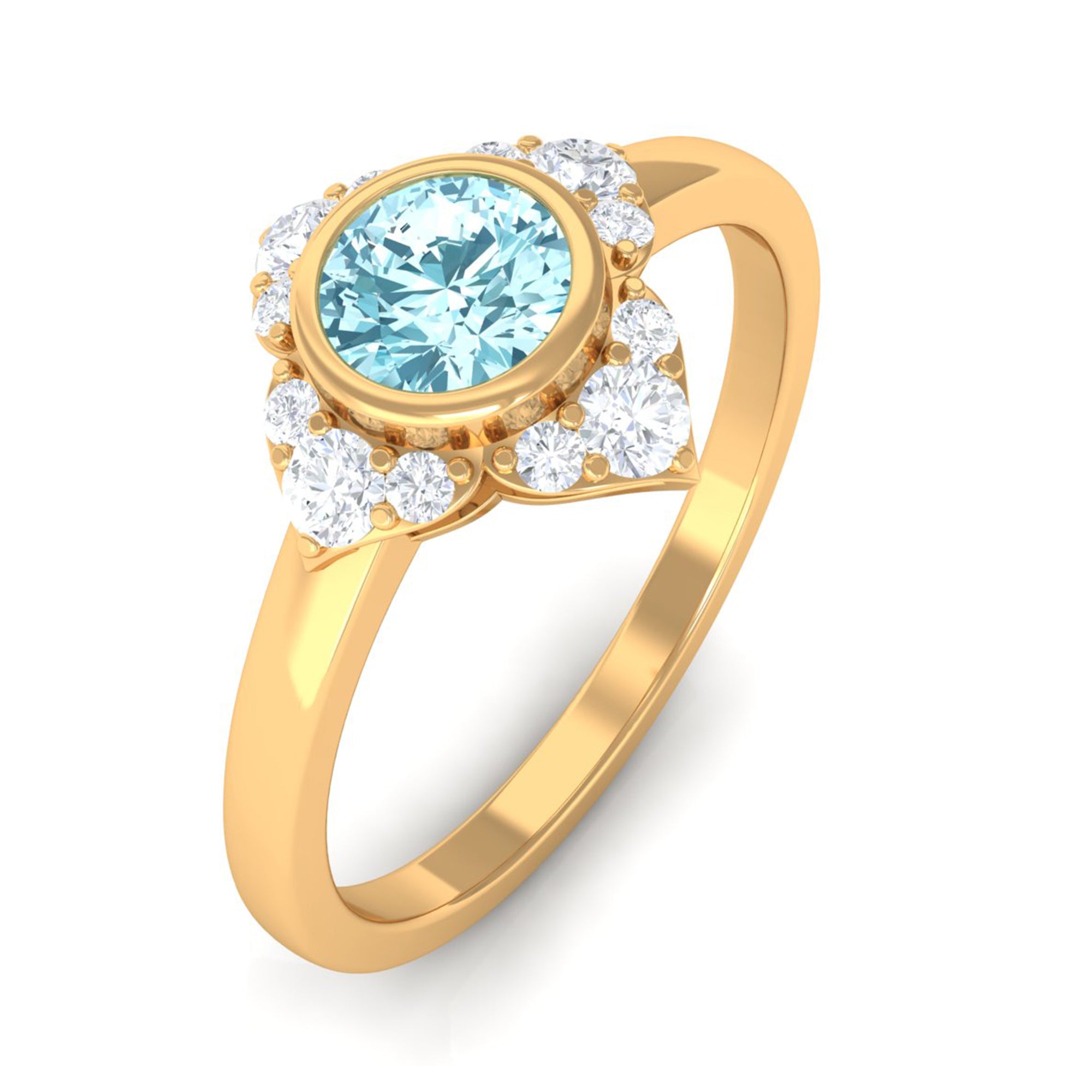 Bezel Set Aquamarine and Diamond Flower Engagement Ring with Certificate AAA - Rosec Jewels
