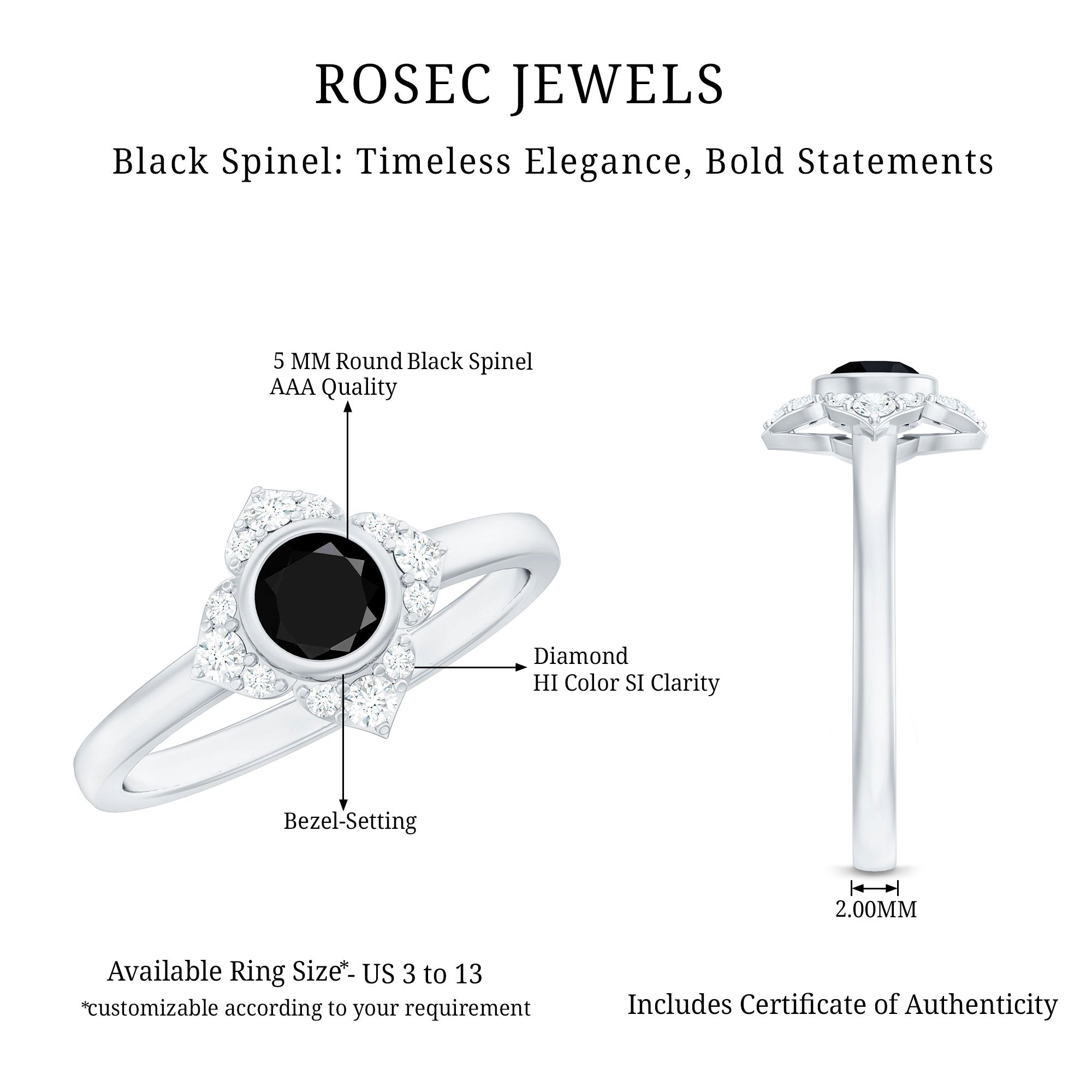 Real Bezel Set Black Spinel Flower Engagement Ring with Diamond AAA - Rosec Jewels