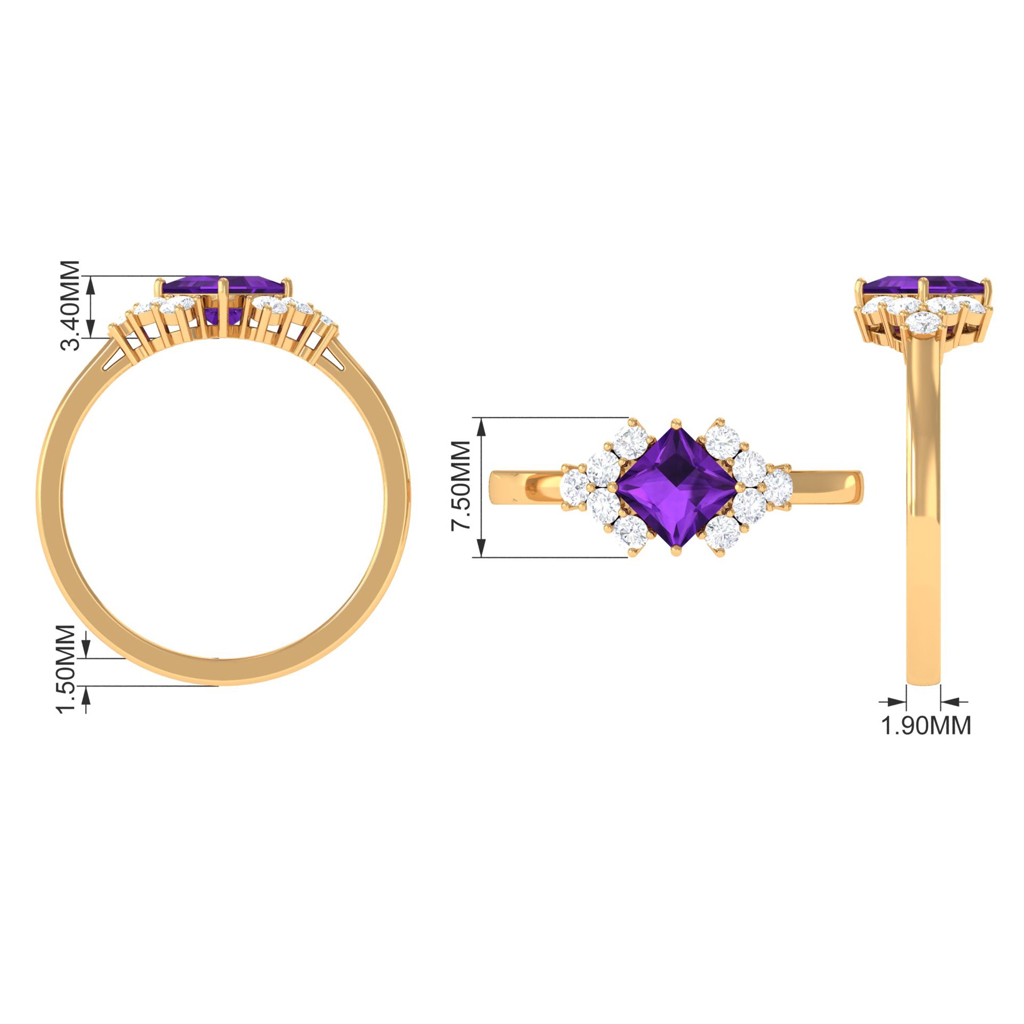 Natural 1.2 Carat Amethyst Princess Cut Engagement Ring with Diamond AAA - Rosec Jewels