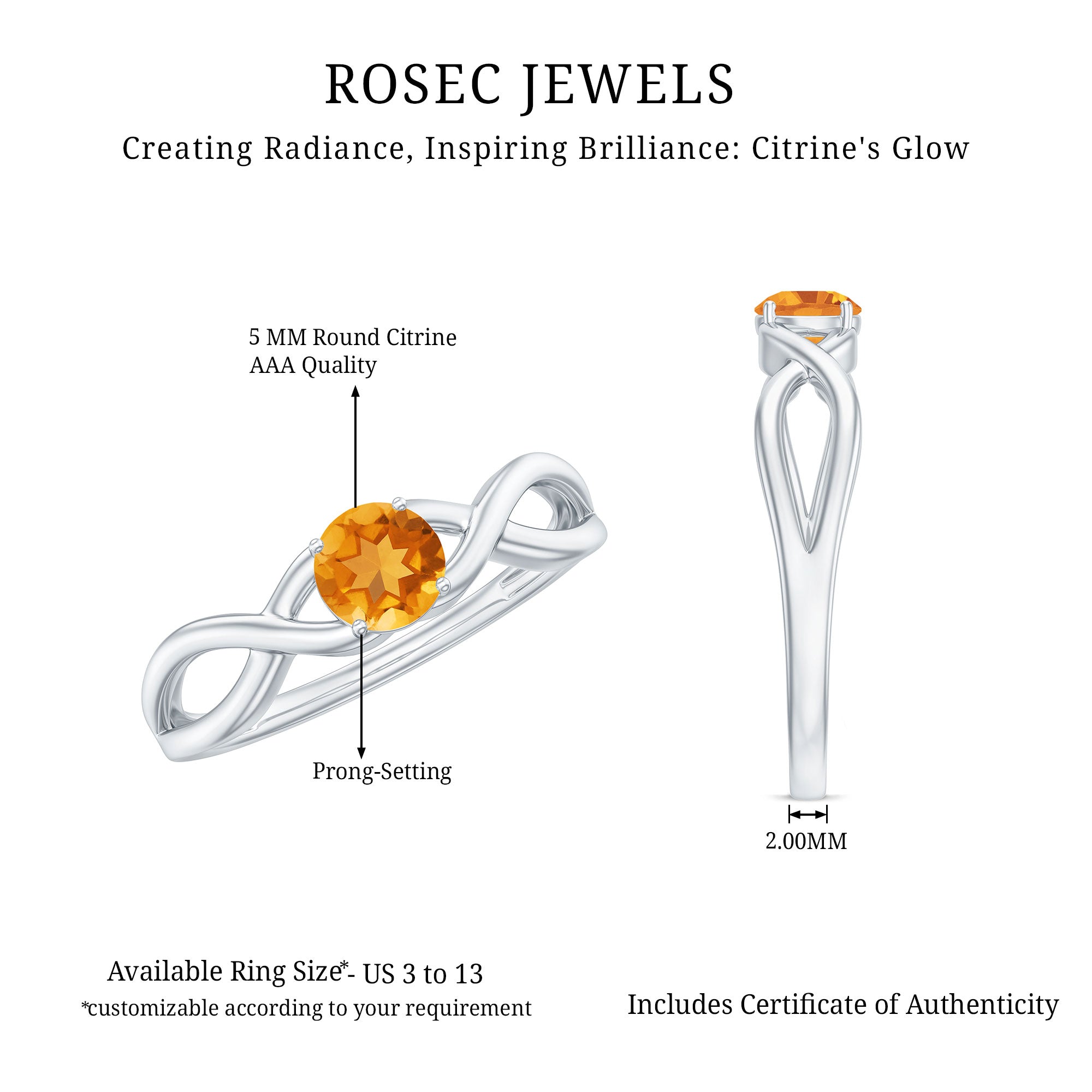 Certified Real Citrine Infinity Promise Ring with AAA - Rosec Jewels