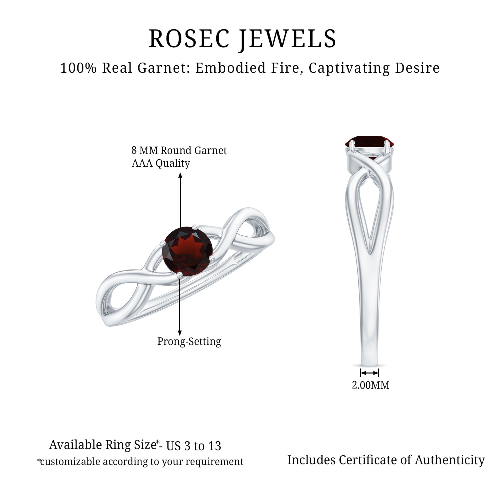 Genuine 8mm Garnet Solitaire Engagement Ring with Crossover Shank AAA - Rosec Jewels