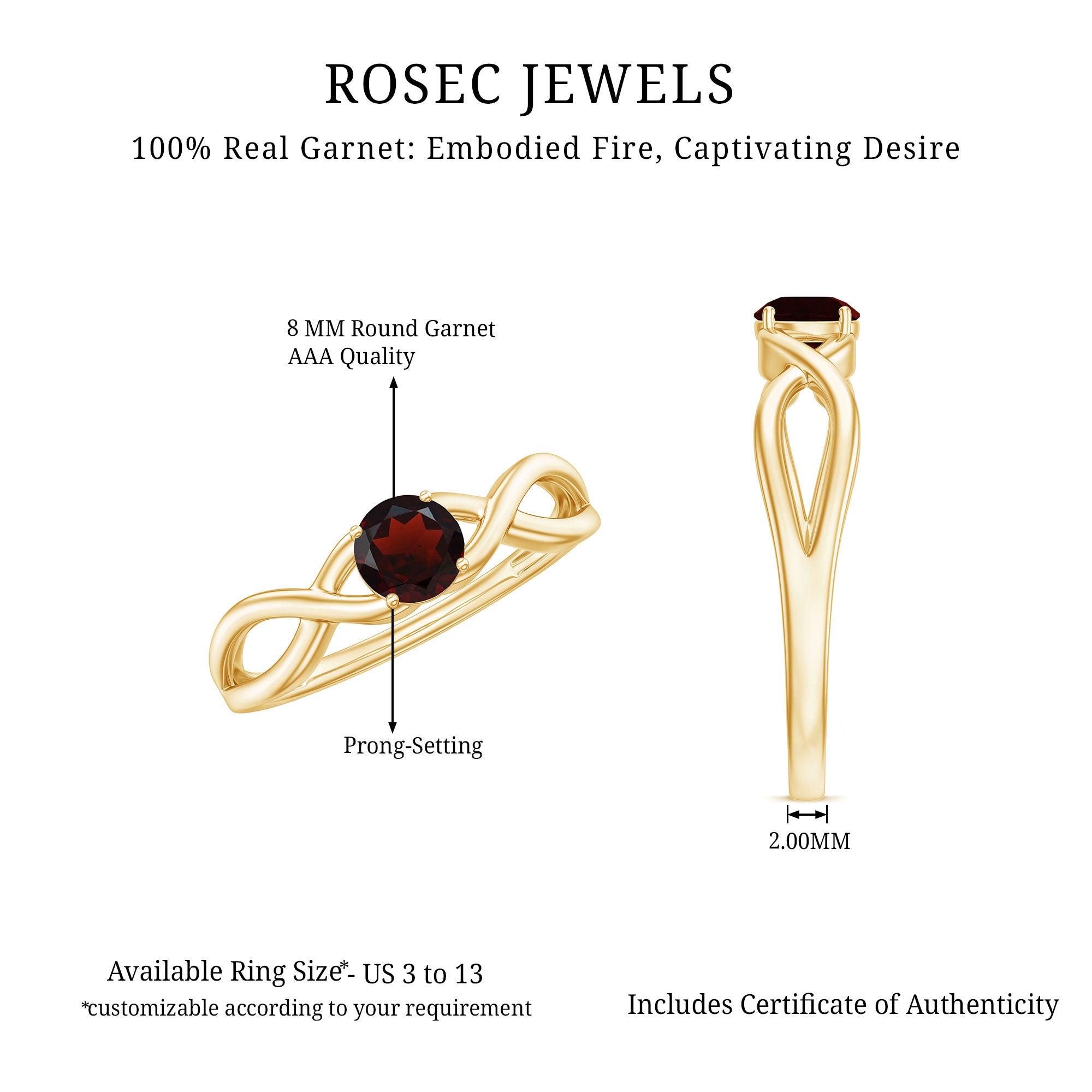Genuine 8mm Garnet Solitaire Engagement Ring with Crossover Shank AAA - Rosec Jewels