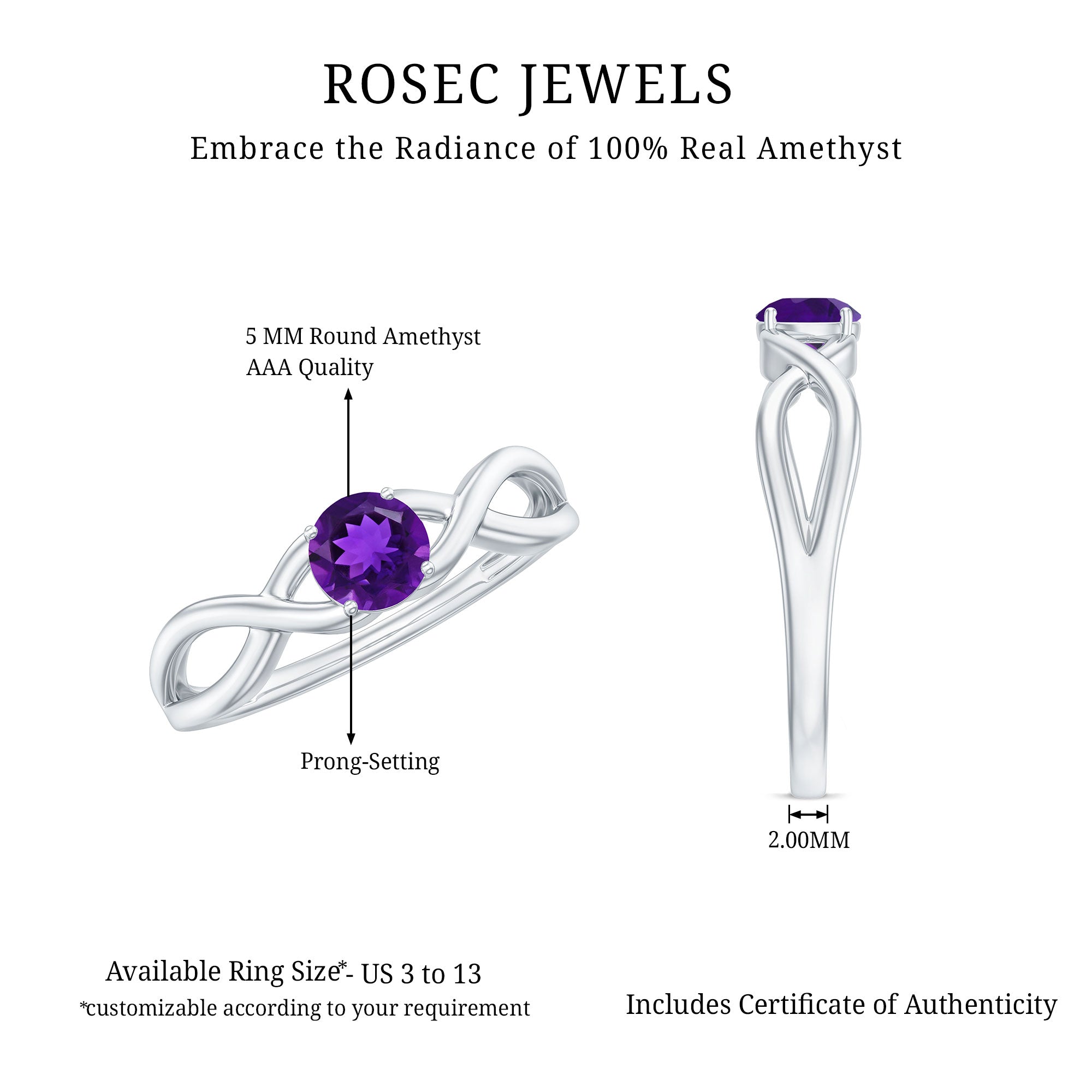 Solitaire Amethyst Crossover Engagement Ring AAA - Rosec Jewels