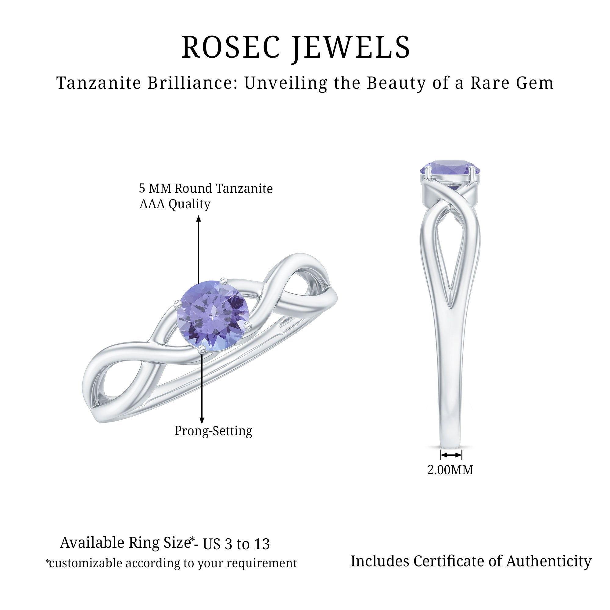 Rosec Jewels-Genuine Tanzanite Promise Ring with Crossover Shank