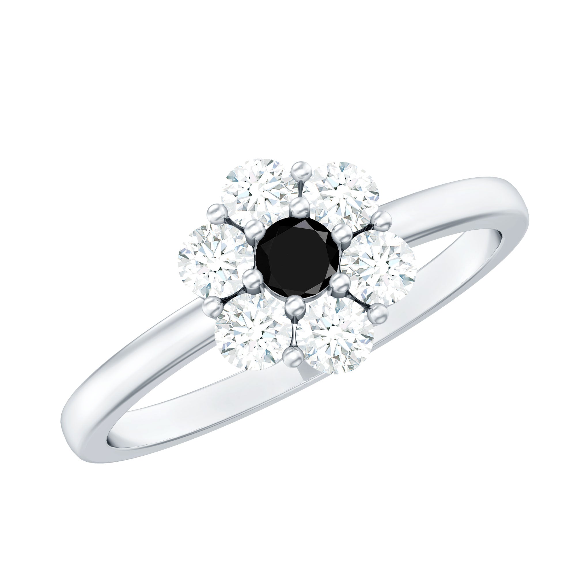 Certified Black and White Diamond Flower Promise Ring for Her