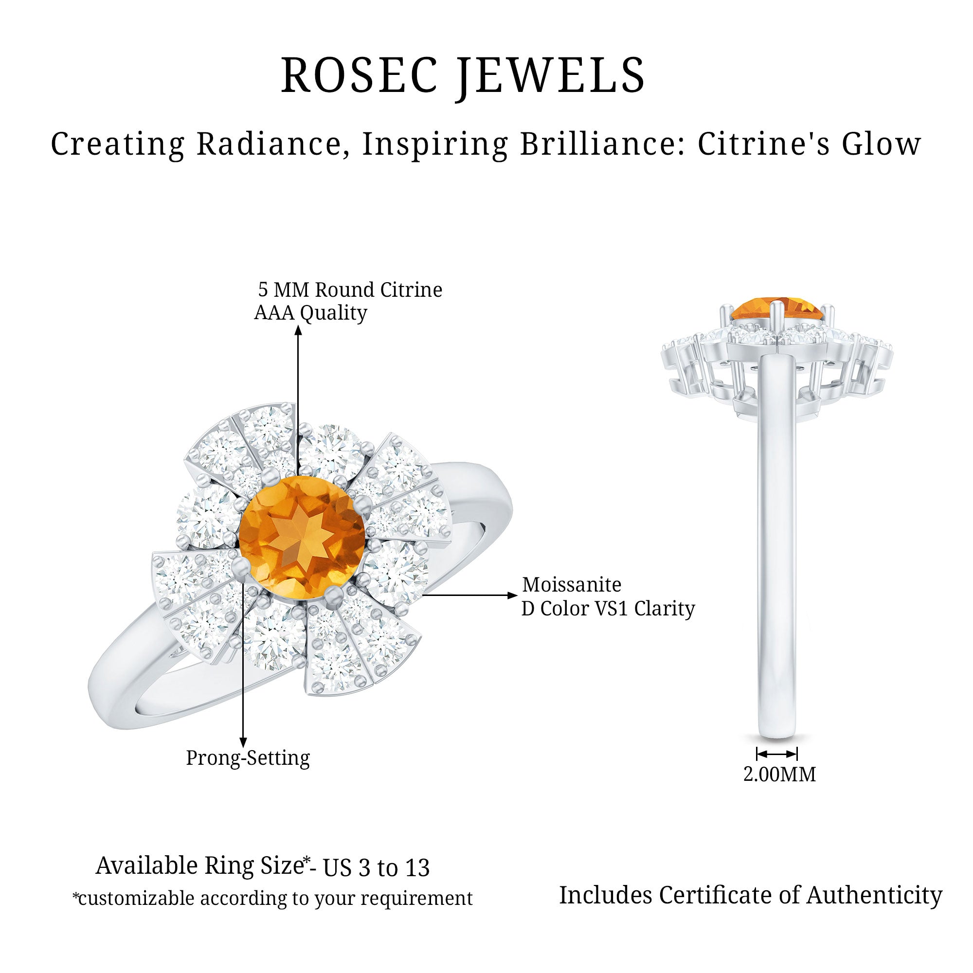 Vintage Looking Citrine Flower Engagement Ring with Certificate AAA - Rosec Jewels