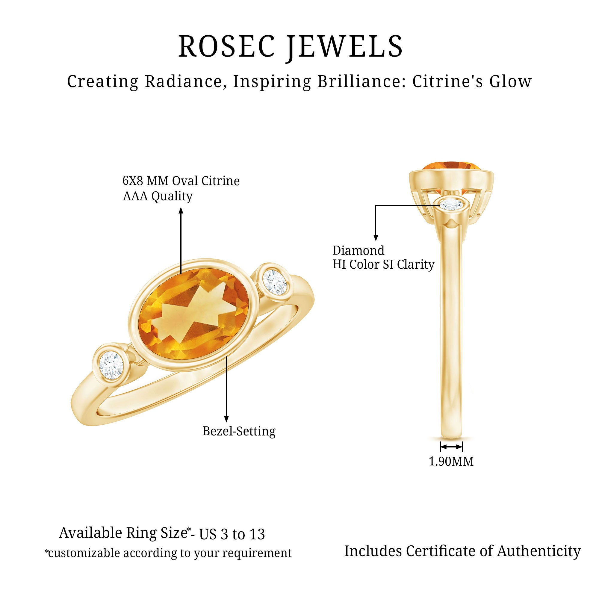 Natural 6X8mm Citrine Diamond Oval Engagement Ring in Bezel Set AAA - Rosec Jewels
