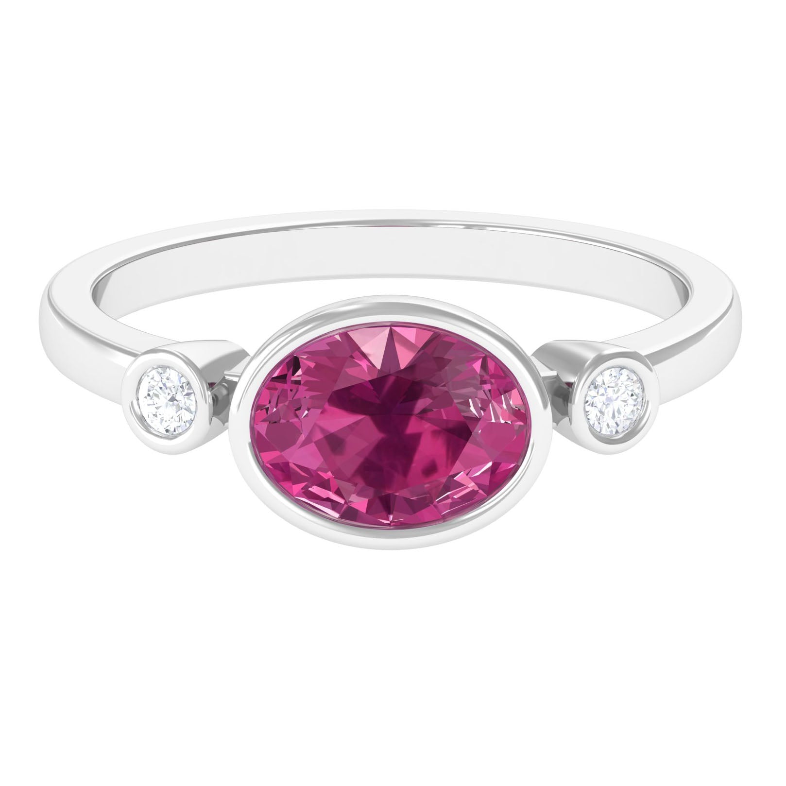Pink Tourmaline Solitaire East West Ring with Diamond AAA - Rosec Jewels