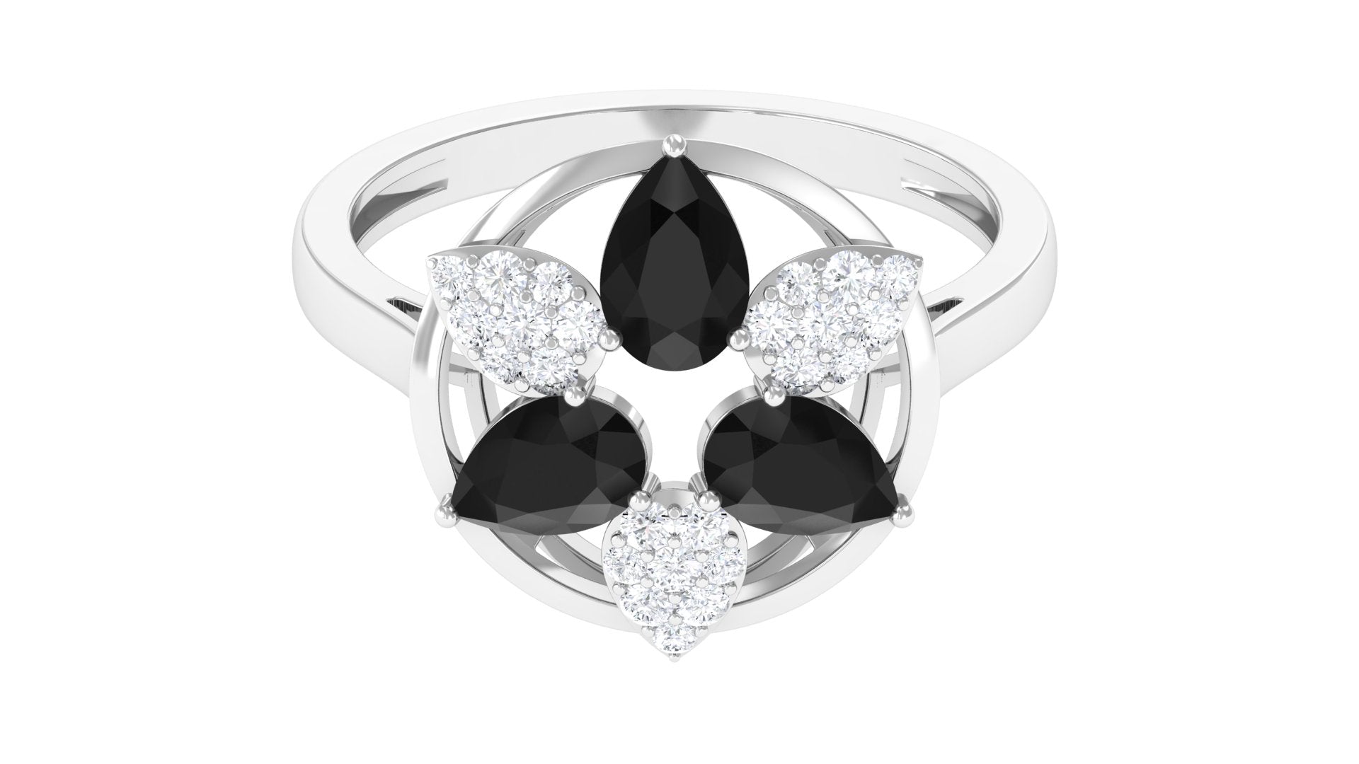1.25 CT Black Spinel and Diamond Flower Cocktail Ring AAA - Rosec Jewels