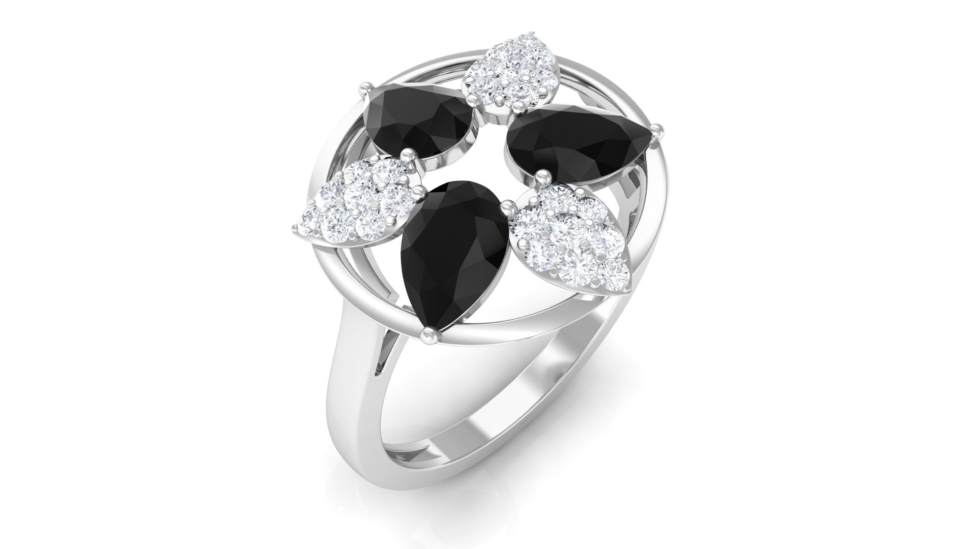 1.25 CT Black Spinel and Diamond Flower Cocktail Ring AAA - Rosec Jewels