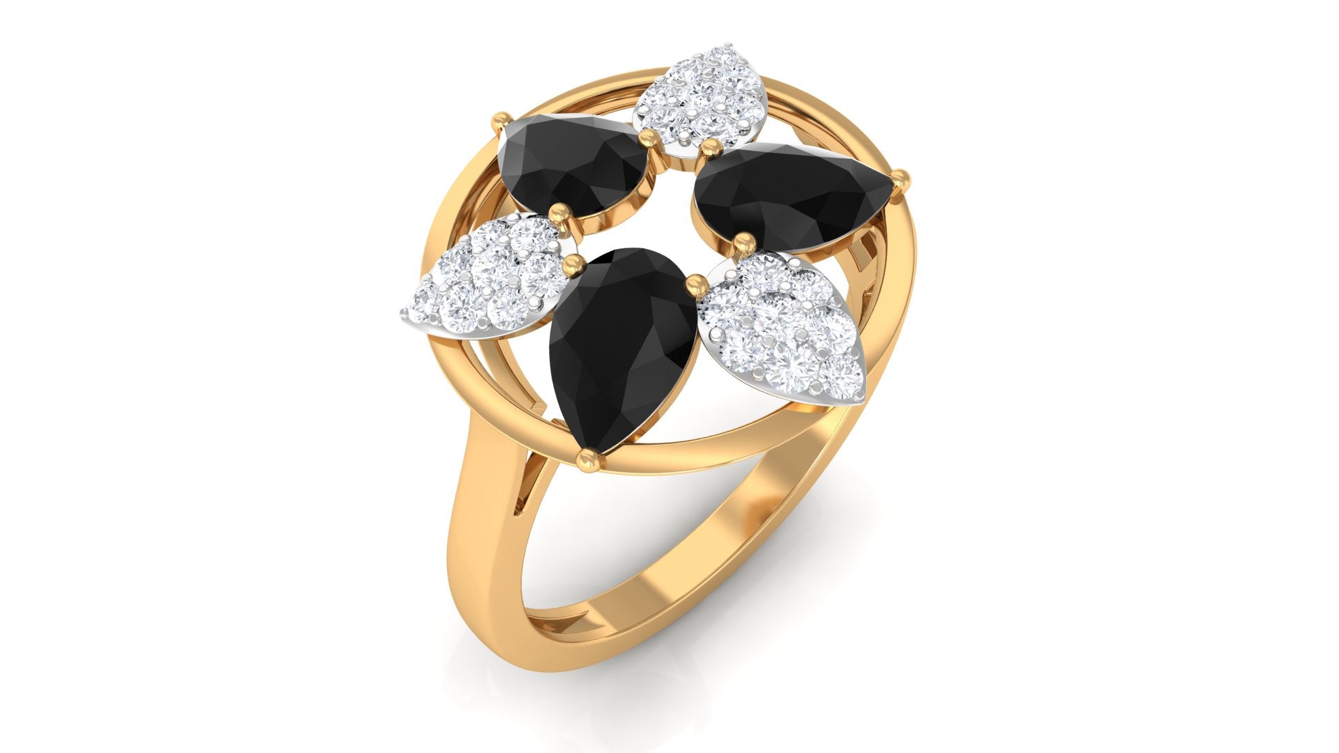 1.25 CT Black Spinel and Diamond Flower Cocktail Ring AAA - Rosec Jewels