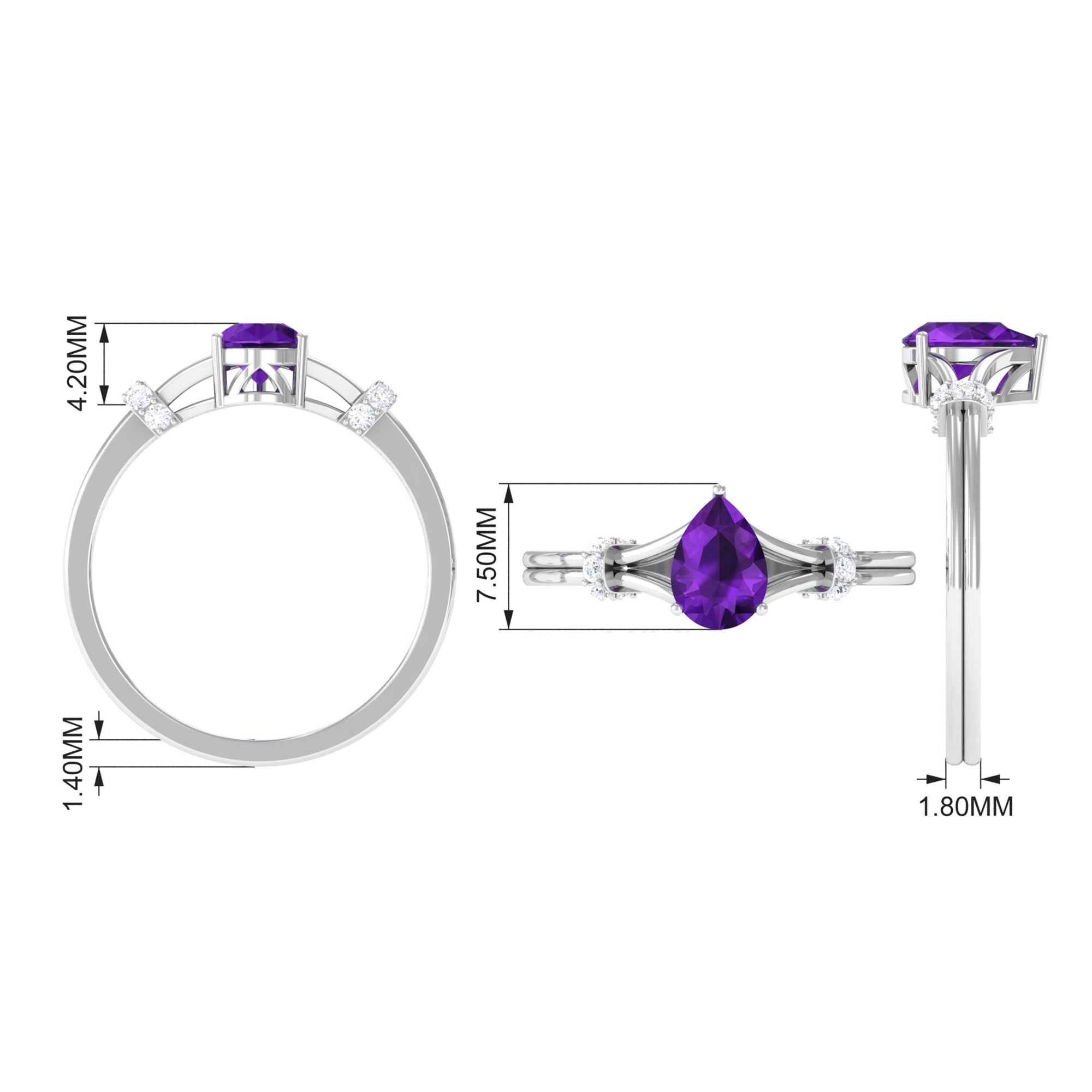 Pear Cut Amethyst Solitaire Ring with Diamond in Split Shank AAA - Rosec Jewels