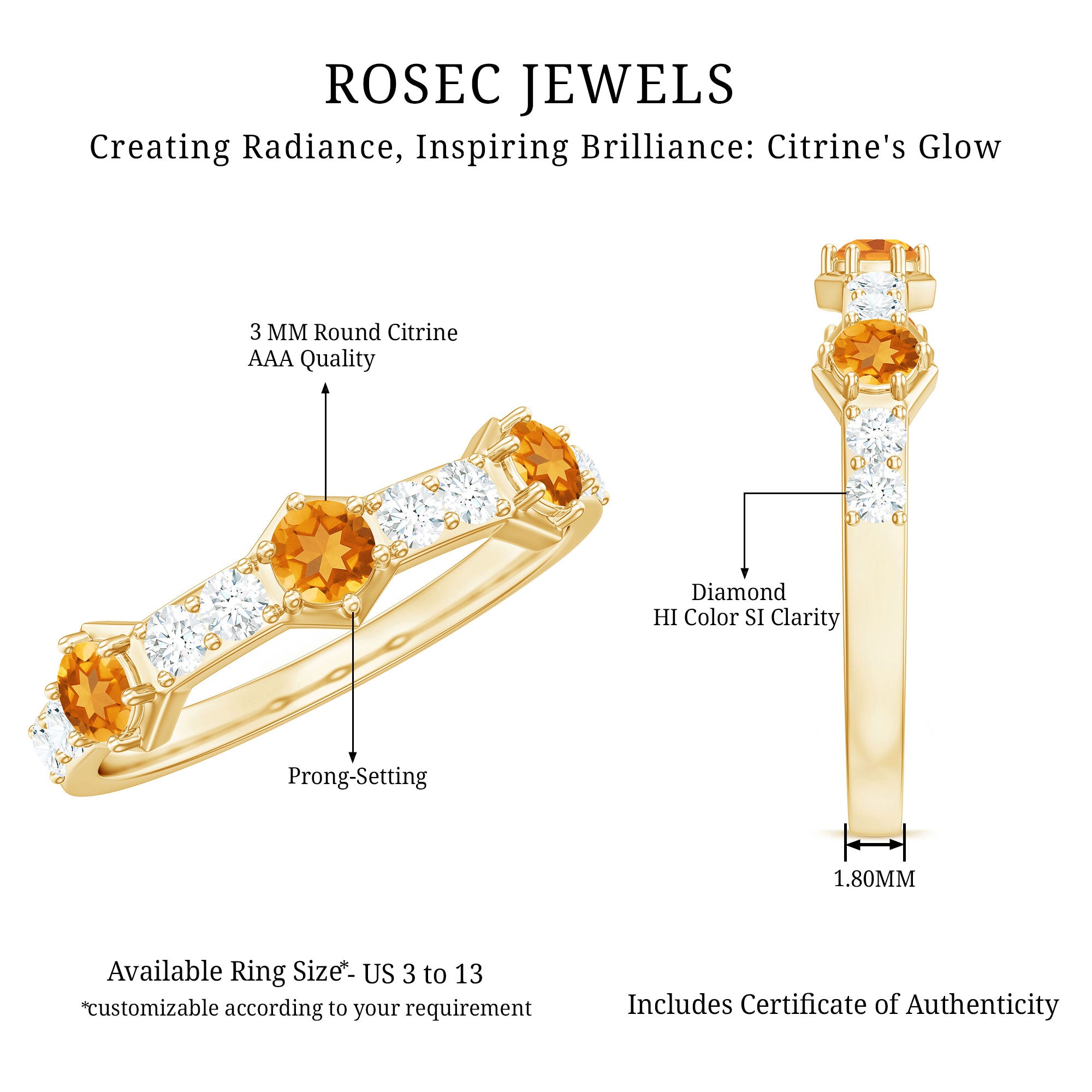 Genuine Citrine Diamond Half Eternity Ring for Anniversary AAA - Rosec Jewels