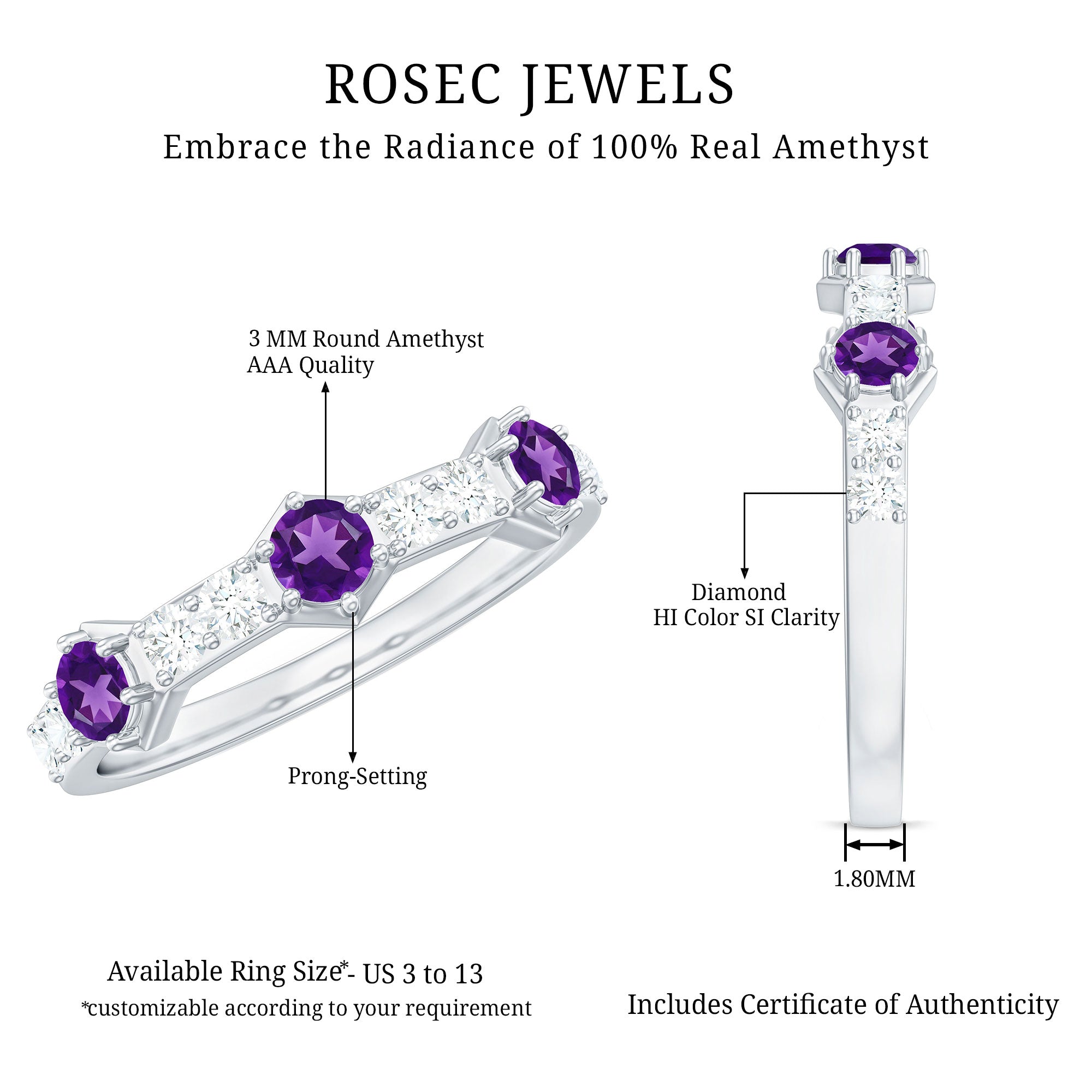 Rosec Jewels-Natural Amethyst Half Eternity Ring with Diamond