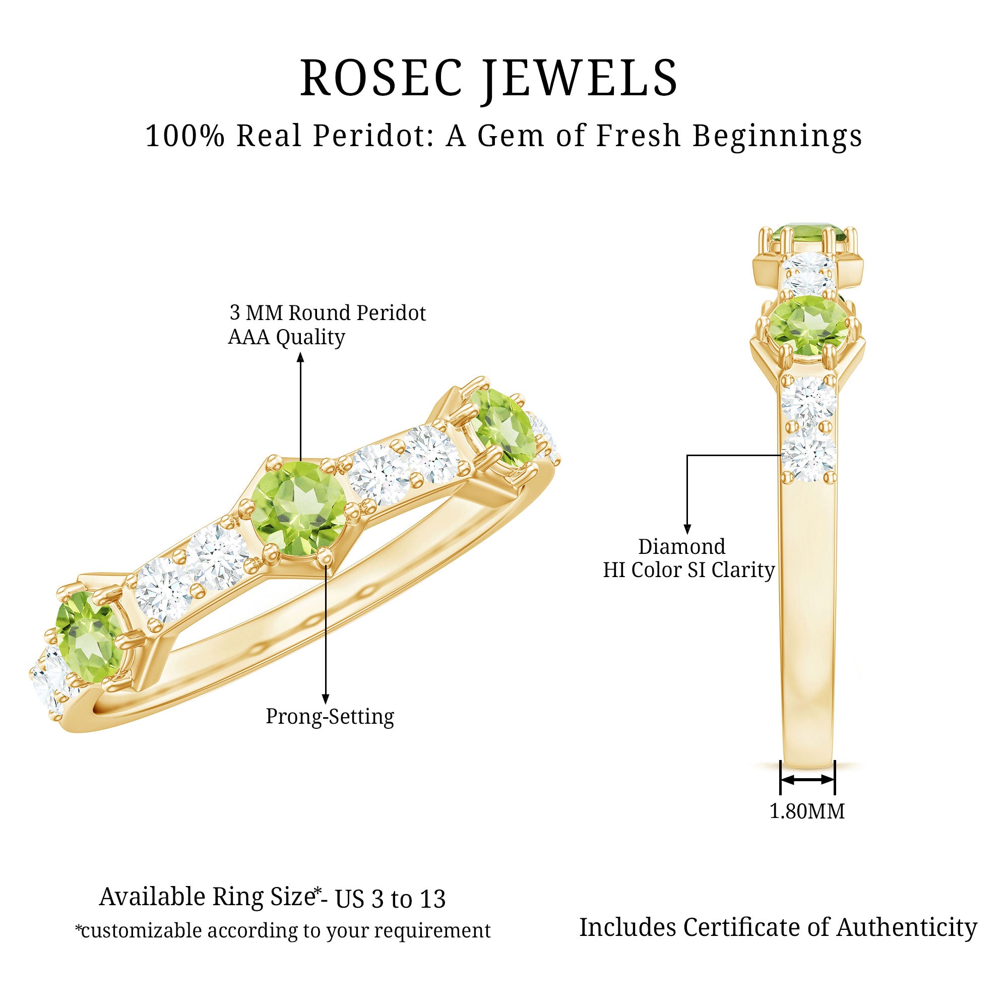 Natural Peridot Diamond Half Eternity Ring for Anniversary AAA - Rosec Jewels