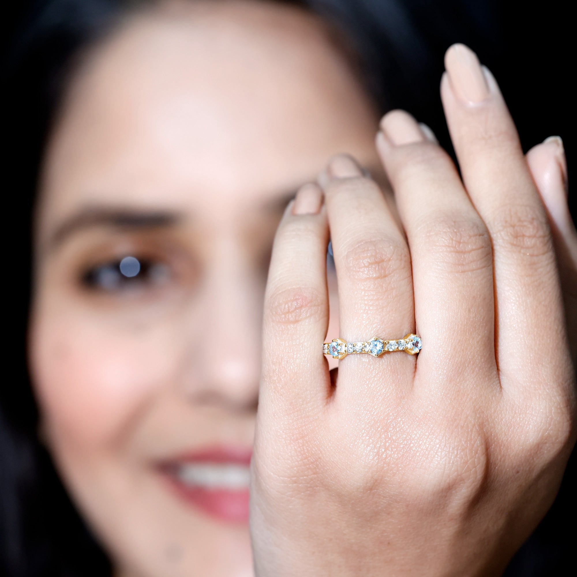 Rosec Jewels-Real Aquamarine and Diamond Half Eternity Ring