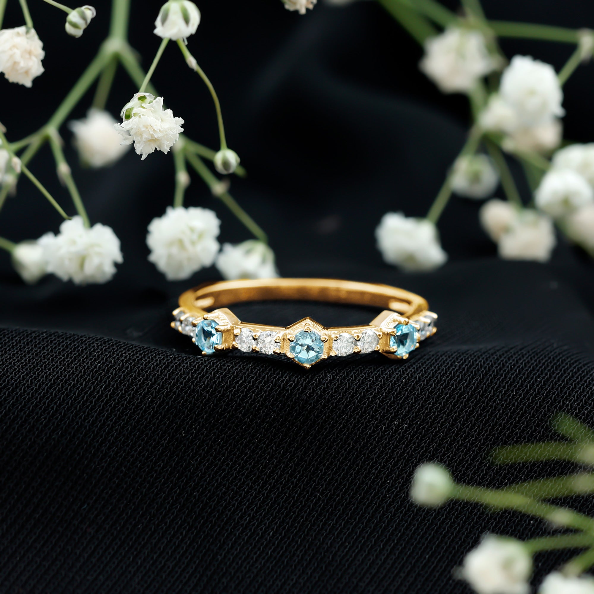 Rosec Jewels-Real Aquamarine and Diamond Half Eternity Ring