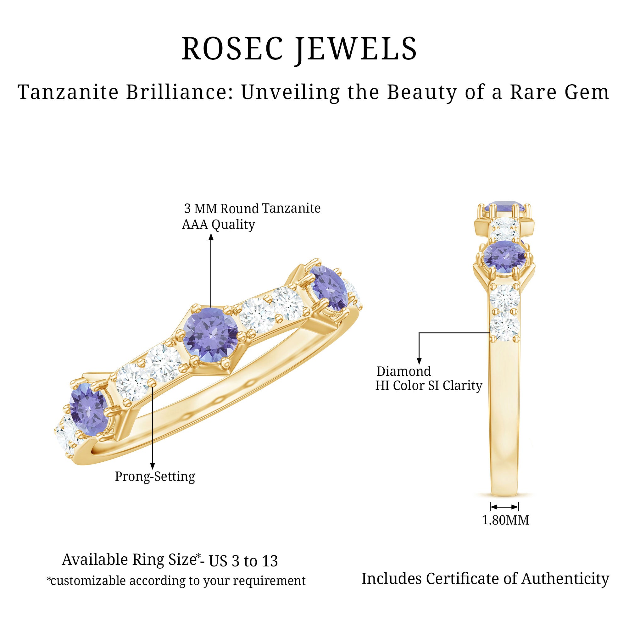 Rosec Jewels-Natural Tanzanite and Diamond Half Eternity Ring for Women
