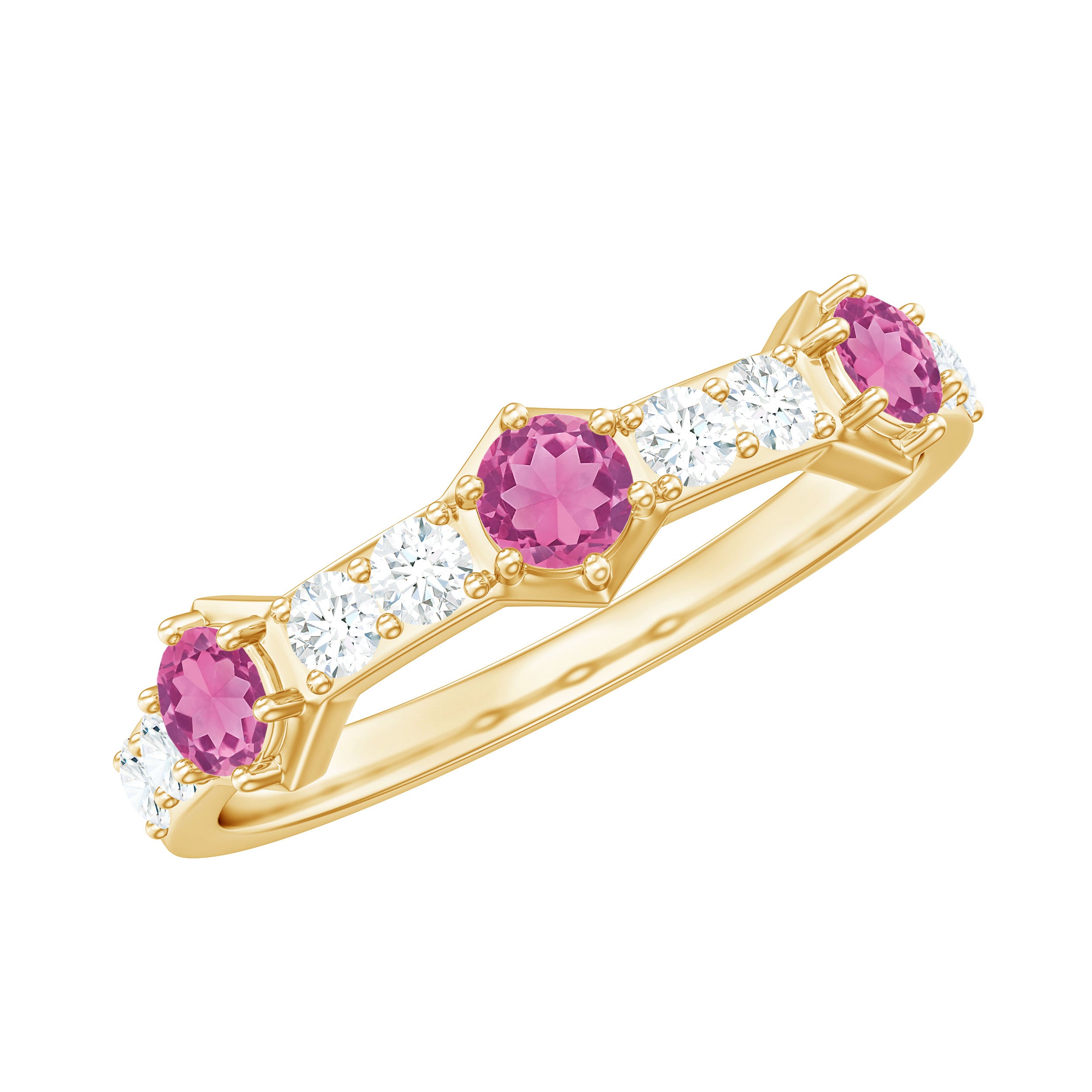 Minimal Half Eternity Ring with Pink Tourmaline and Diamond AAA - Rosec Jewels