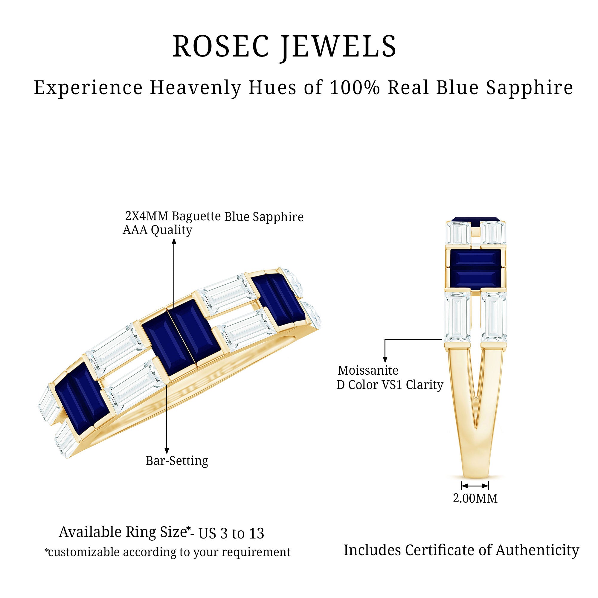 Certified Real Baguette Blue Sapphire Half Eternity Band Ring with Moissanite AAA - Rosec Jewels