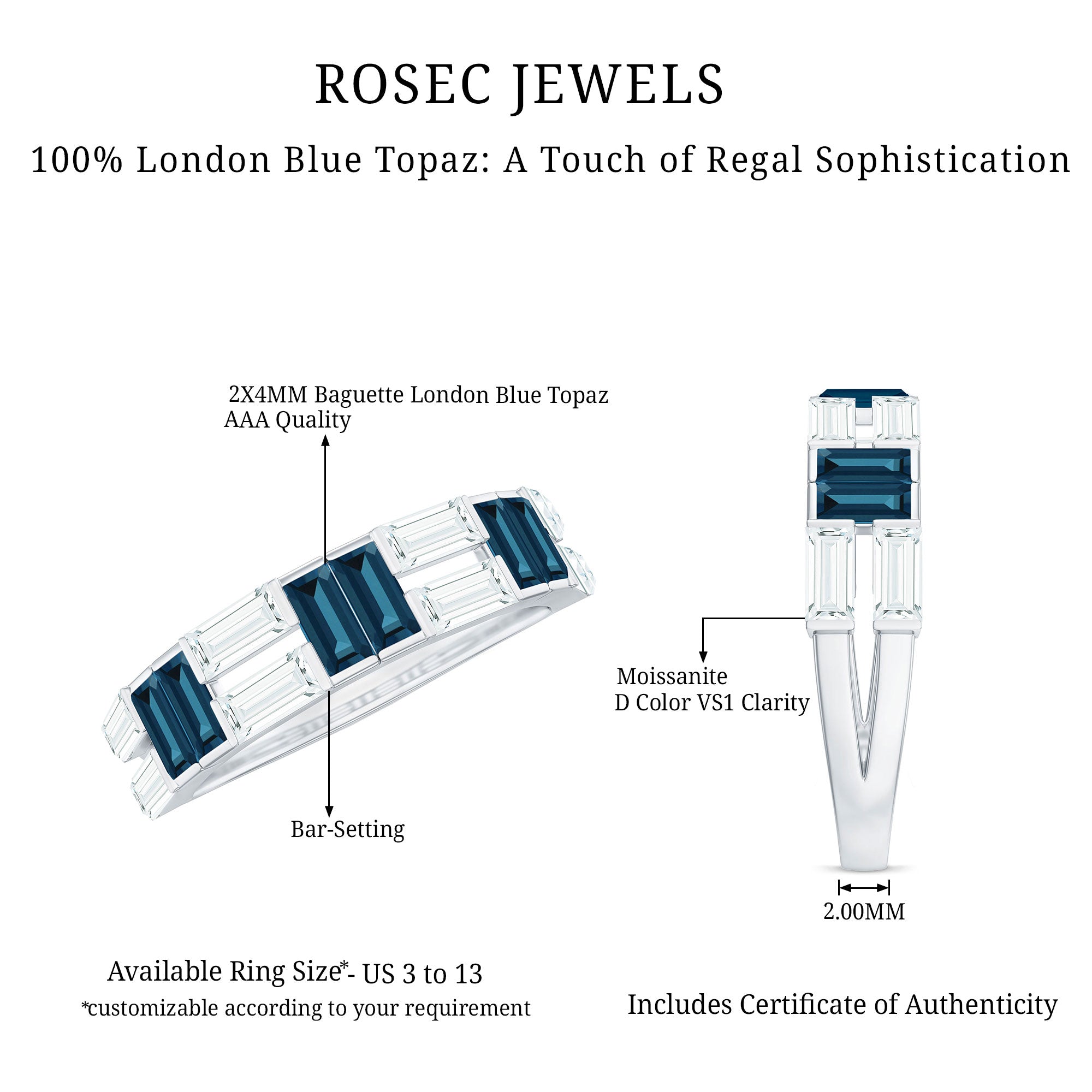 Baguette London Blue Topaz Alternate Eternity Band with Moissanite AAA - Rosec Jewels