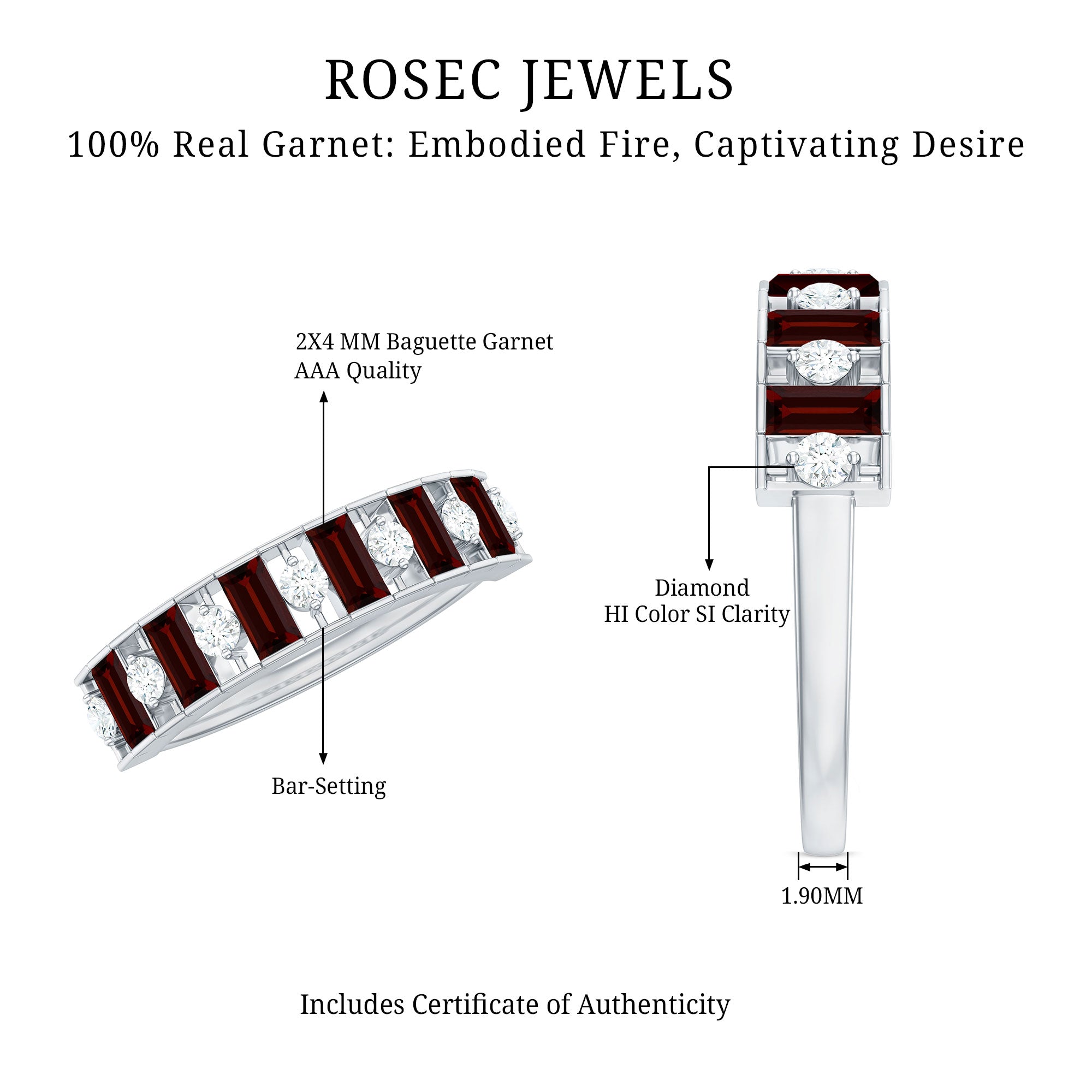 Rosec Jewels-Classic Garnet Baguette Eternity Wedding Band with Diamond