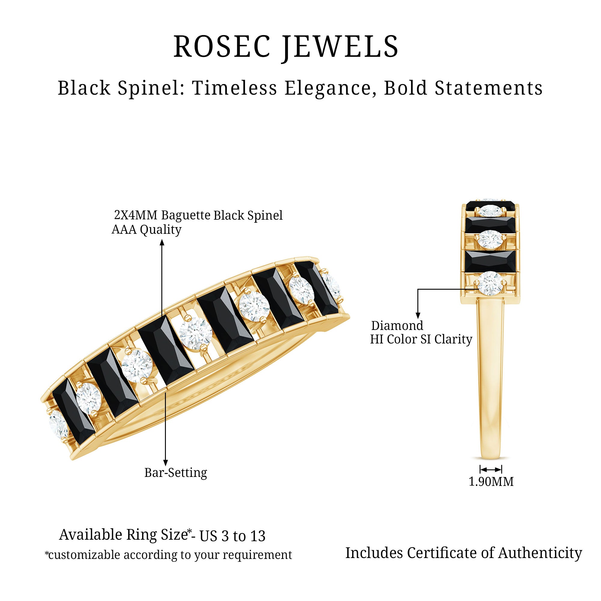 Rosec Jewels-Natural Baguette Black Spinel Half Eternity Ring with Diamond