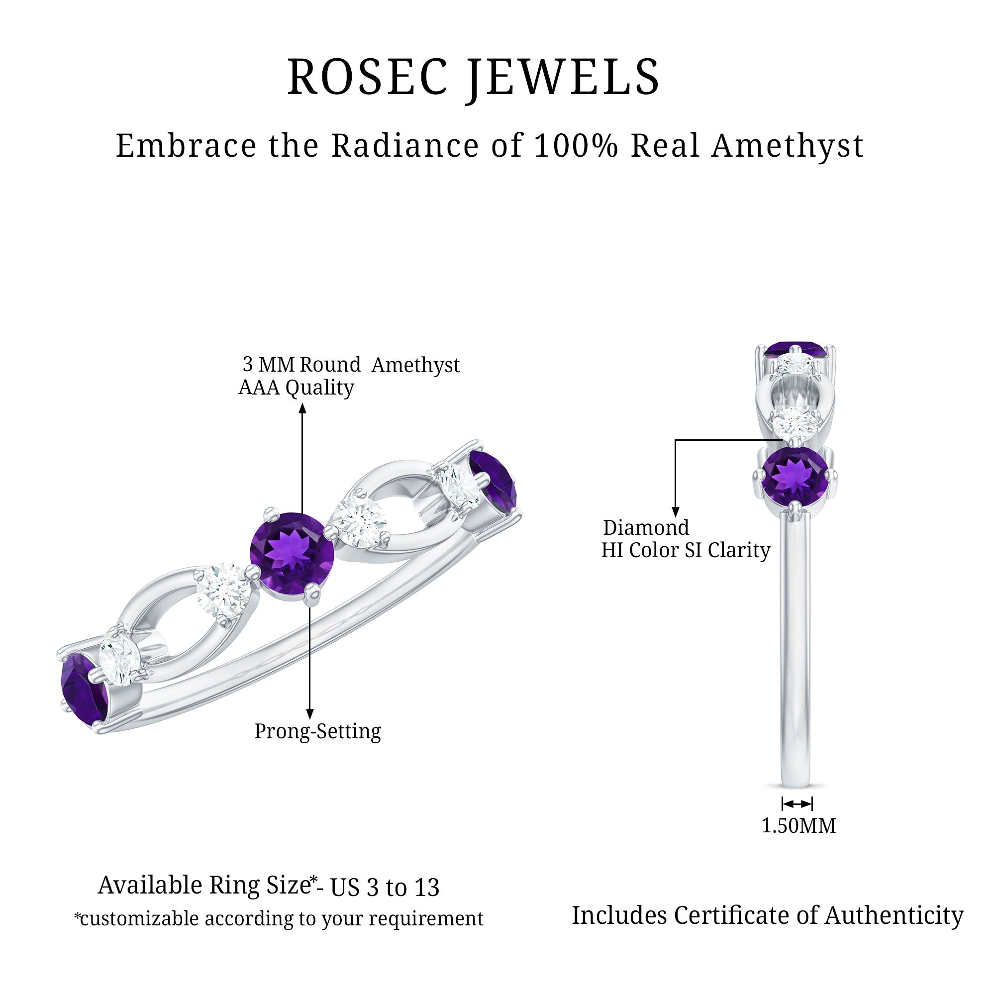 Rosec Jewels-Natural Amethyst Diamond Promise Ring for Women