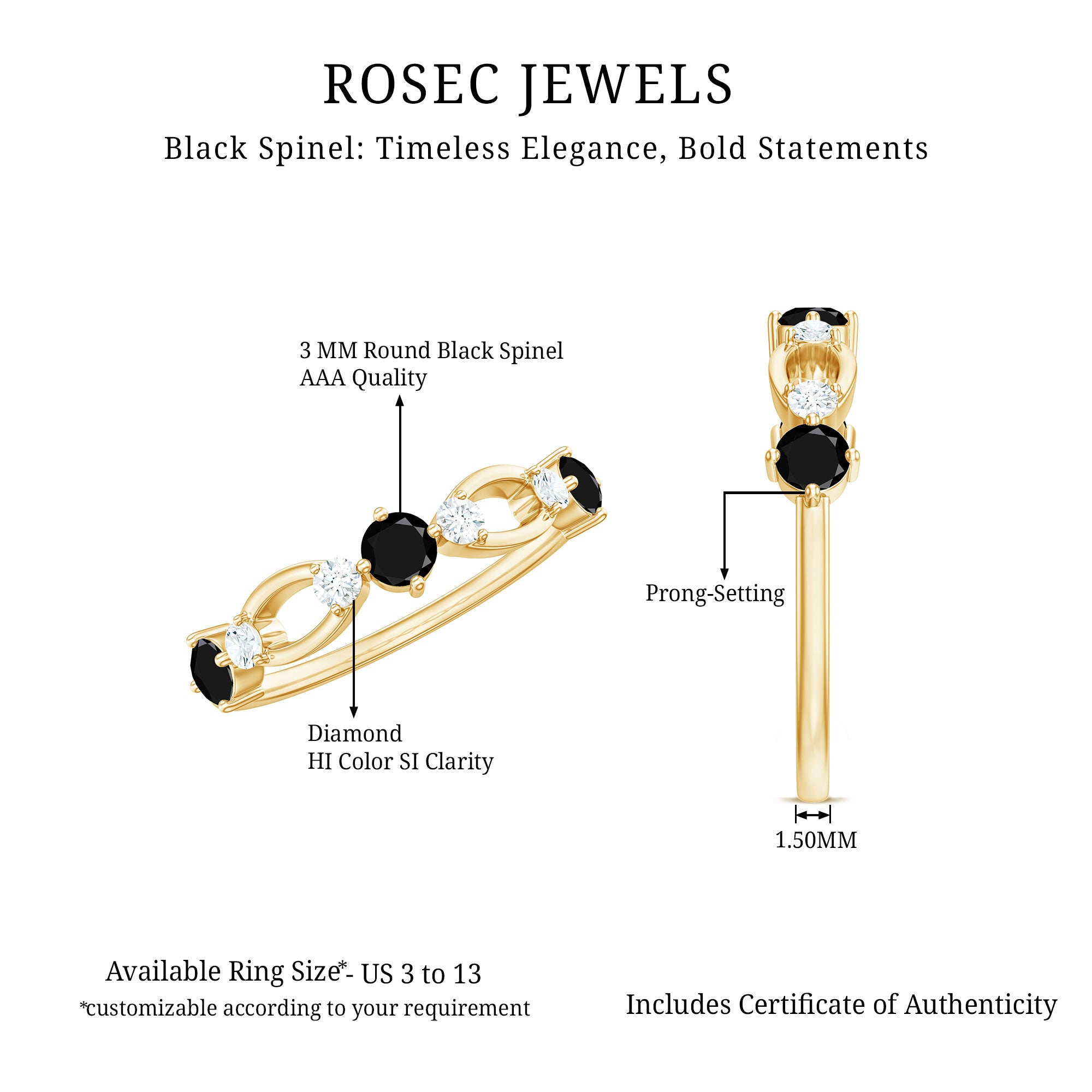 Certified Real Black Spinel Diamond Promise Ring for Her AAA - Rosec Jewels