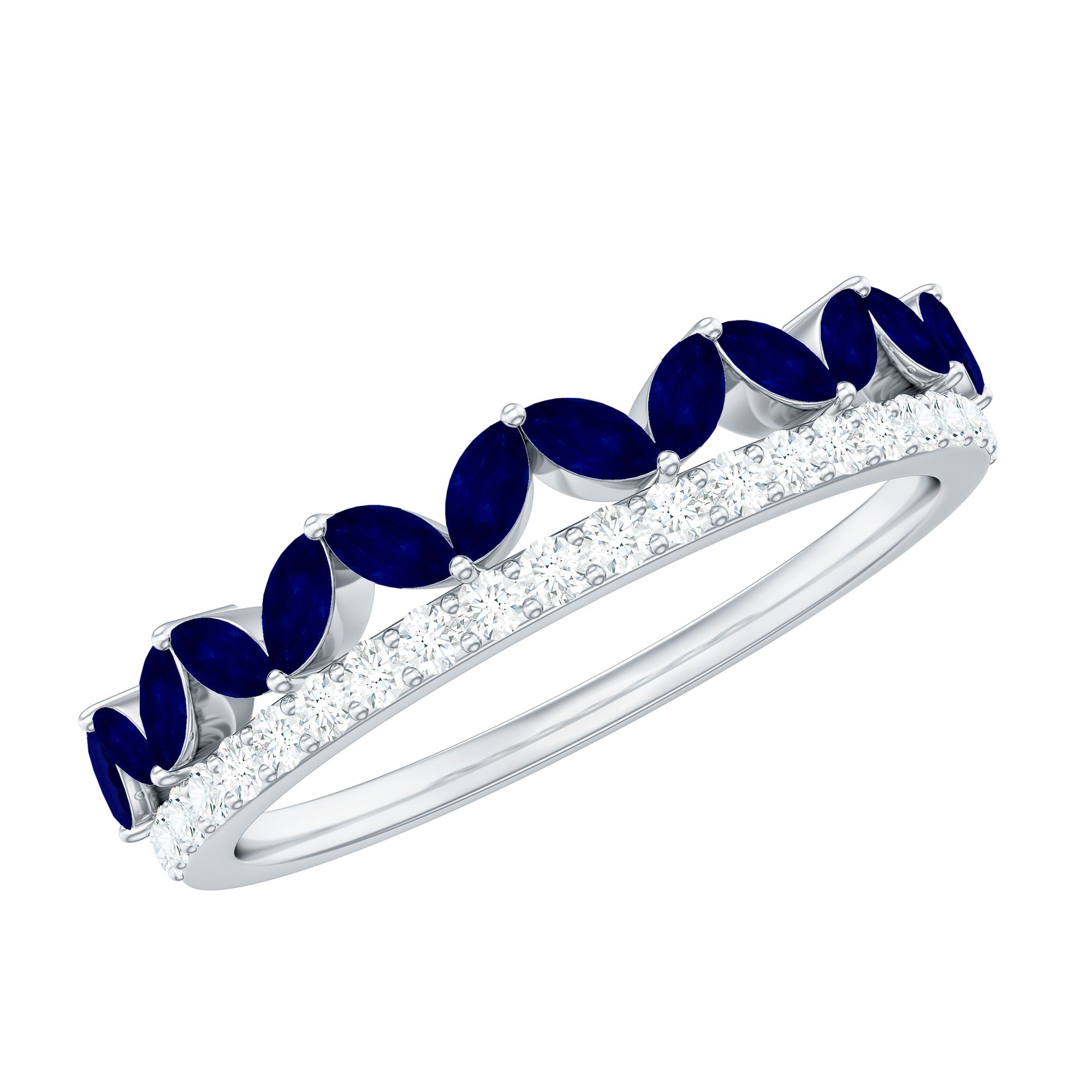 Rosec Jewels-Real Marquise Blue Sapphire Half Eternity Ring with Diamond