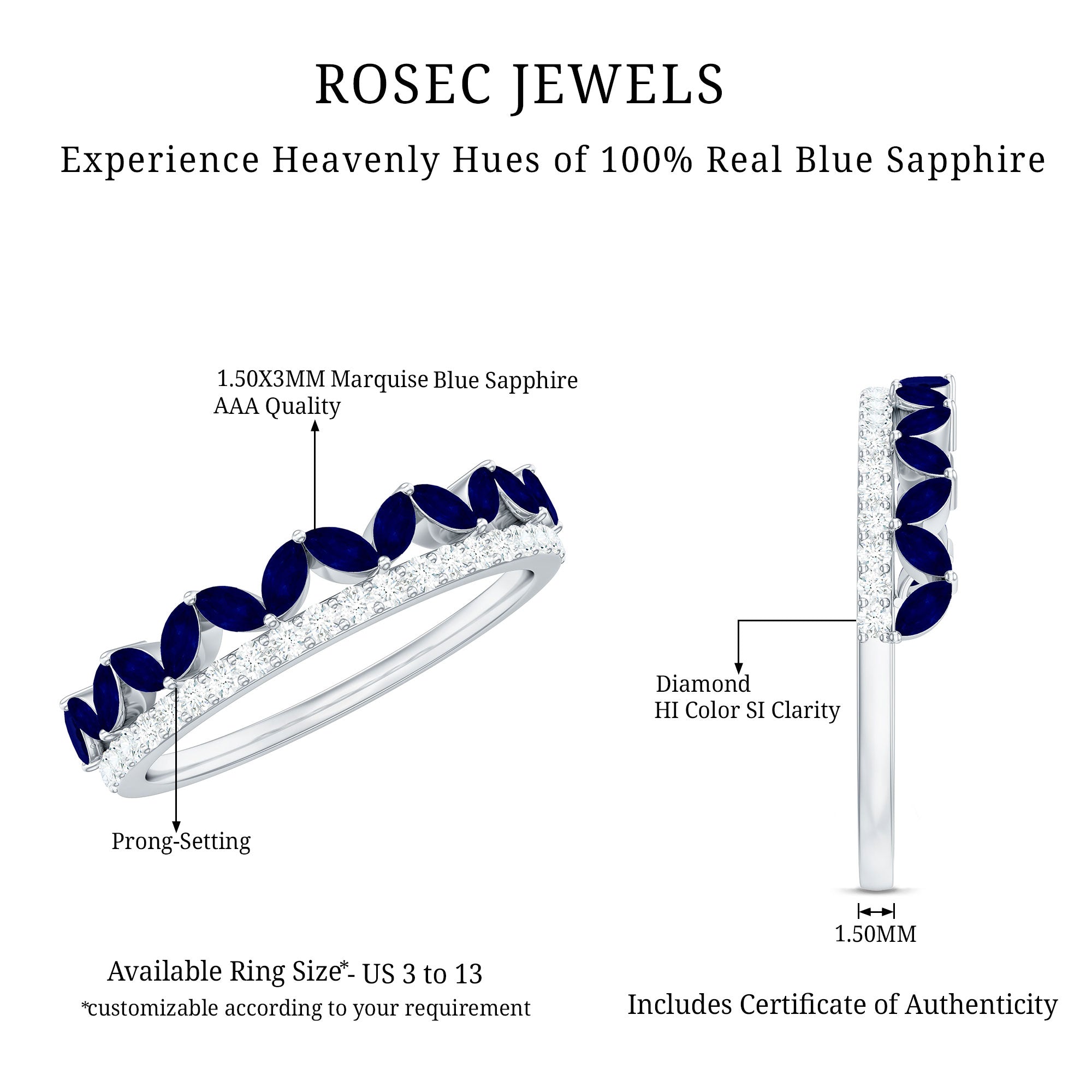 Rosec Jewels-Real Marquise Blue Sapphire Half Eternity Ring with Diamond
