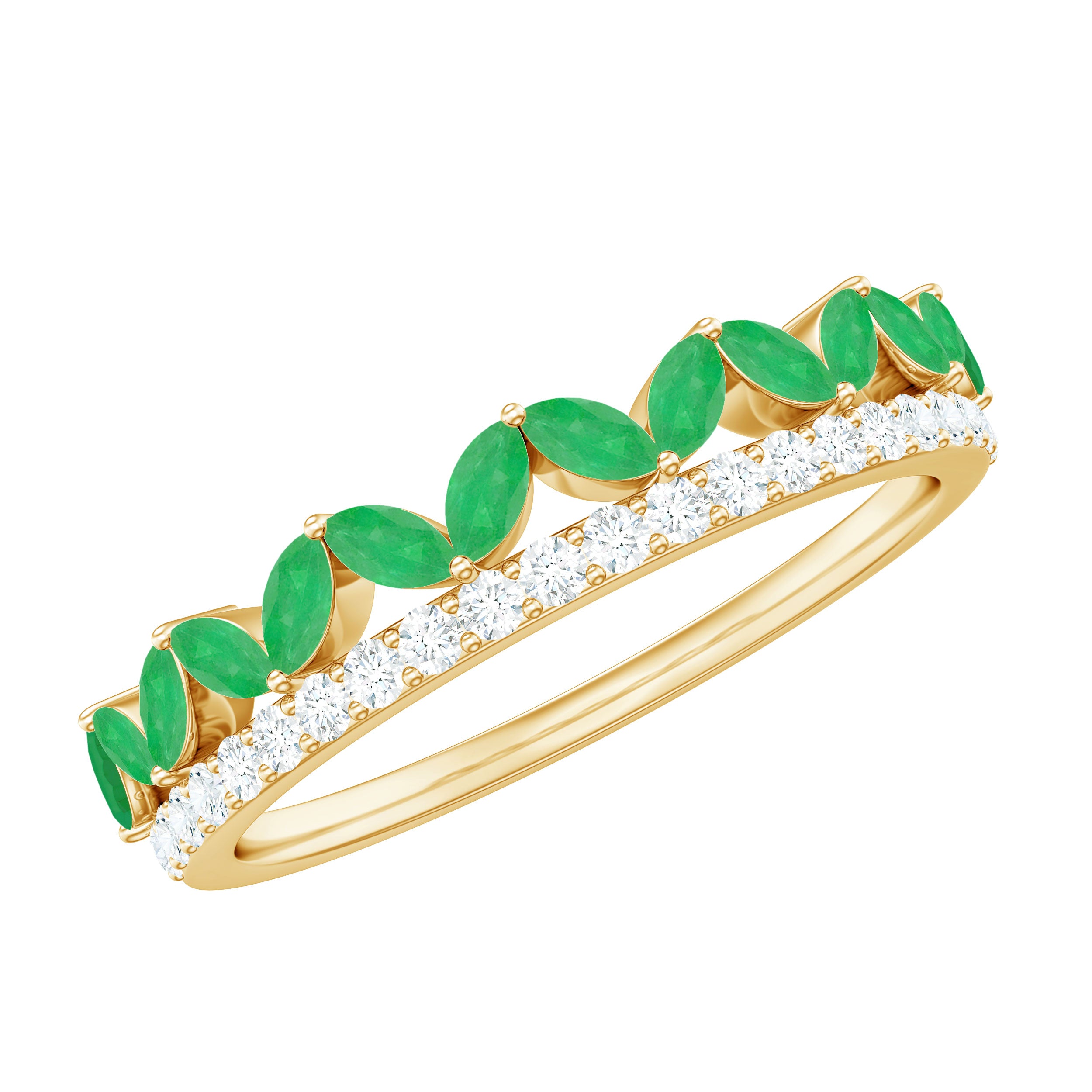 Rosec Jewels-Real Marquise Emerald Half Eternity Wedding Band with Diamond