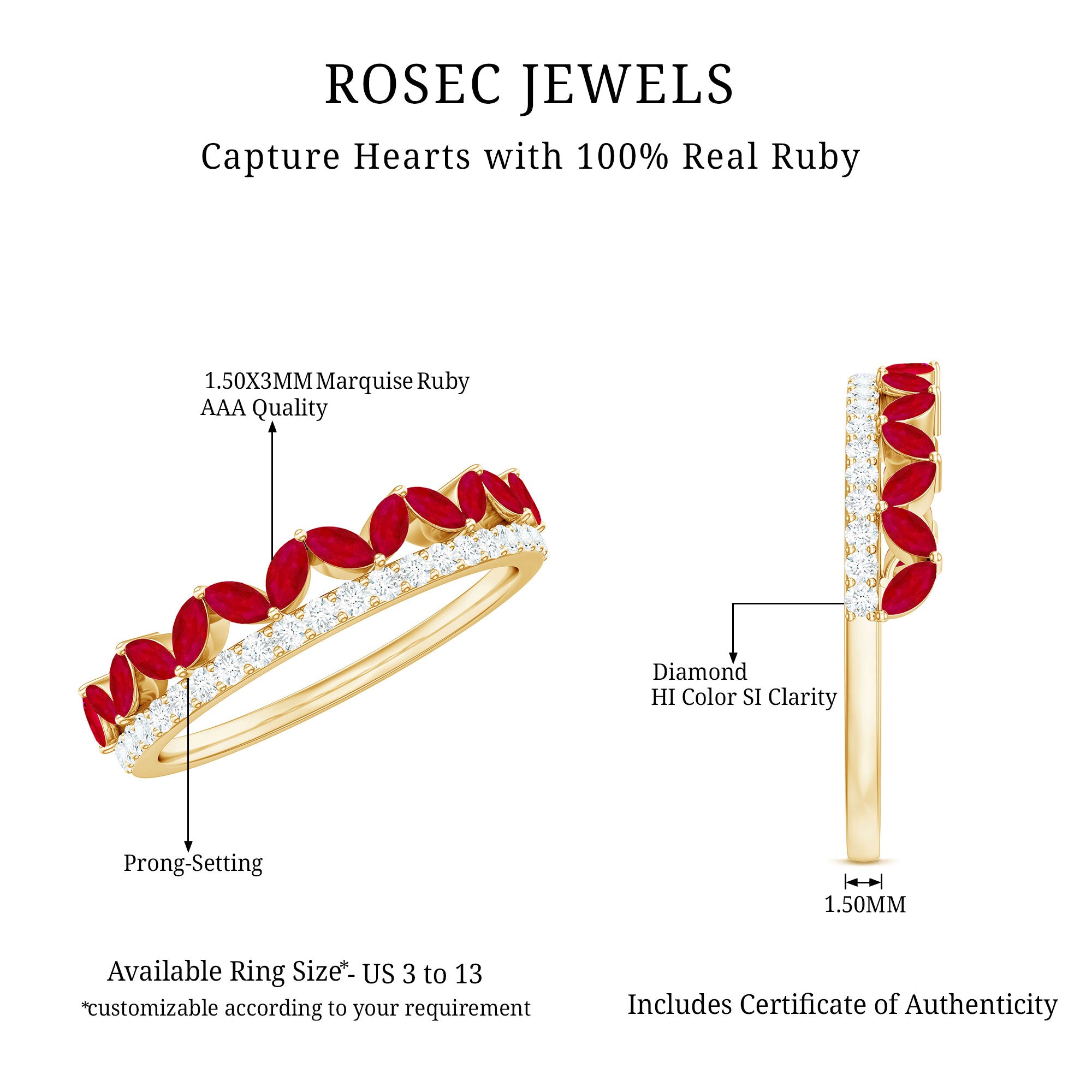 Natural Marquise Ruby Half Eternity Anniversary Ring with Diamond AAA - Rosec Jewels
