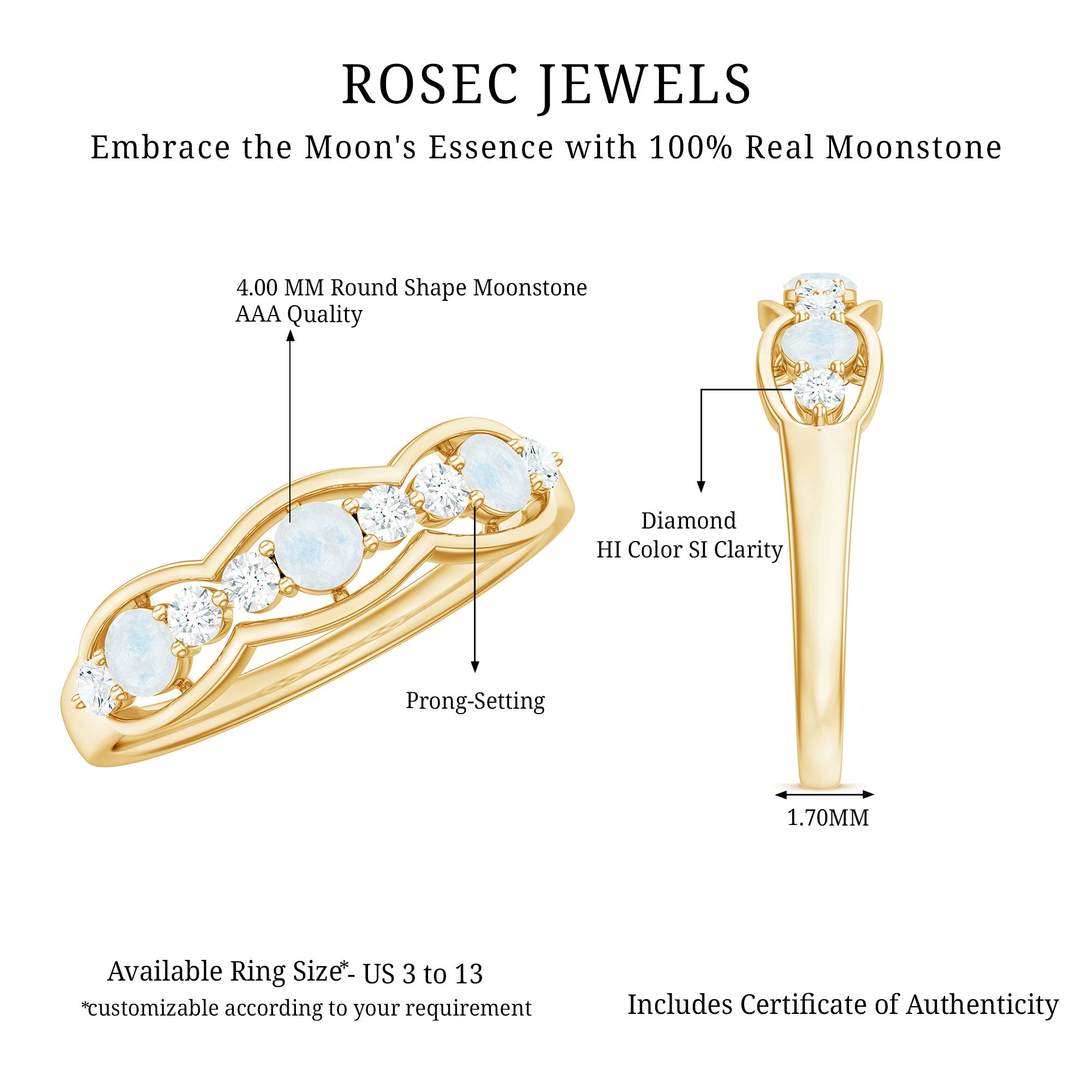 Moonstone and Diamond Wedding Anniversary Ring AAA - Rosec Jewels