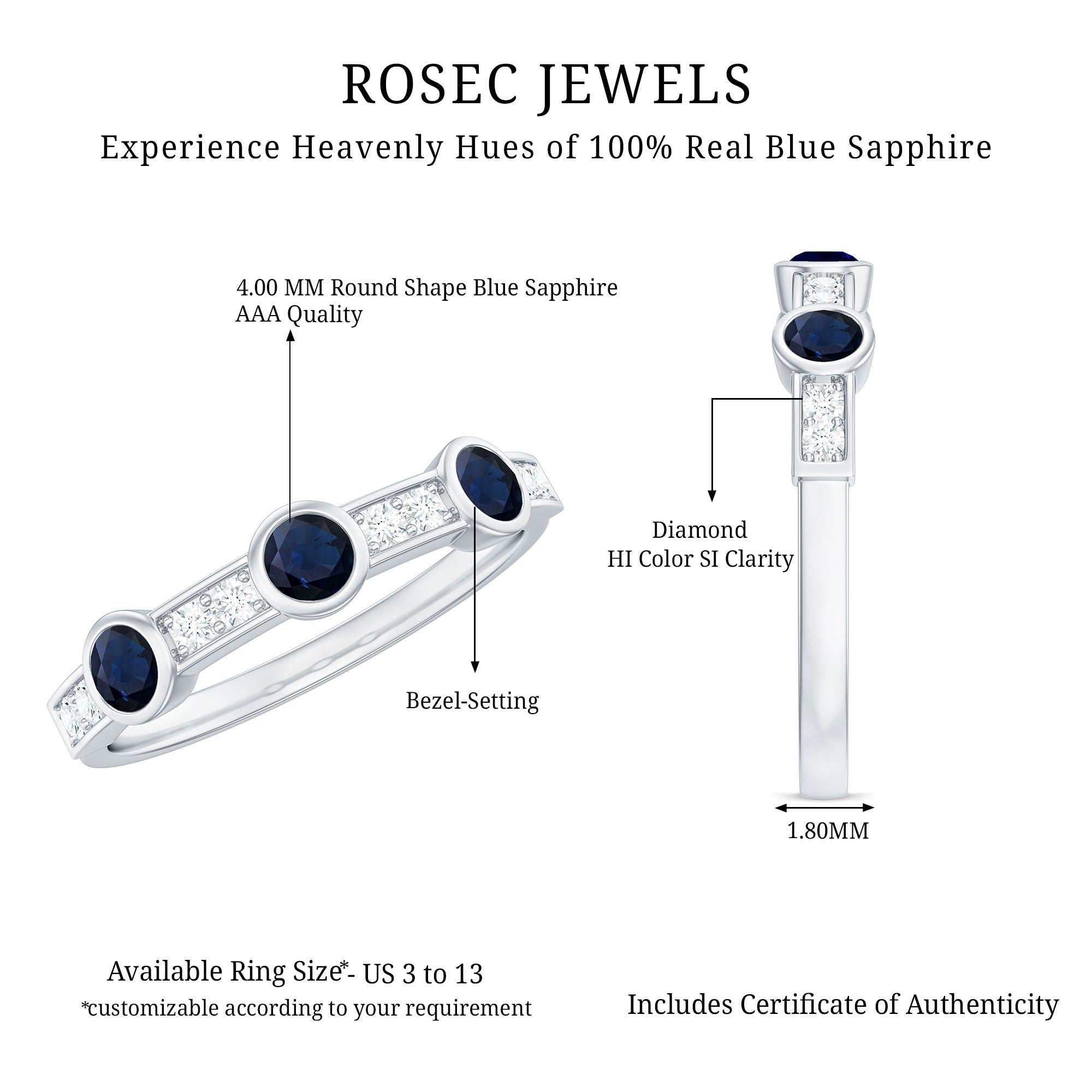 Natural Blue Sapphire Half Eternity Ring with Diamond for Women AAA - Rosec Jewels