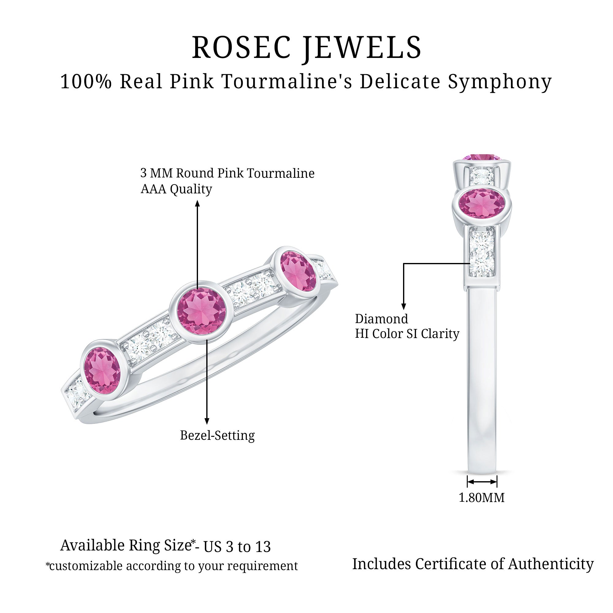 Rosec Jewels-Pink Tourmaline and Diamond Minimal Half Eternity Band Ring