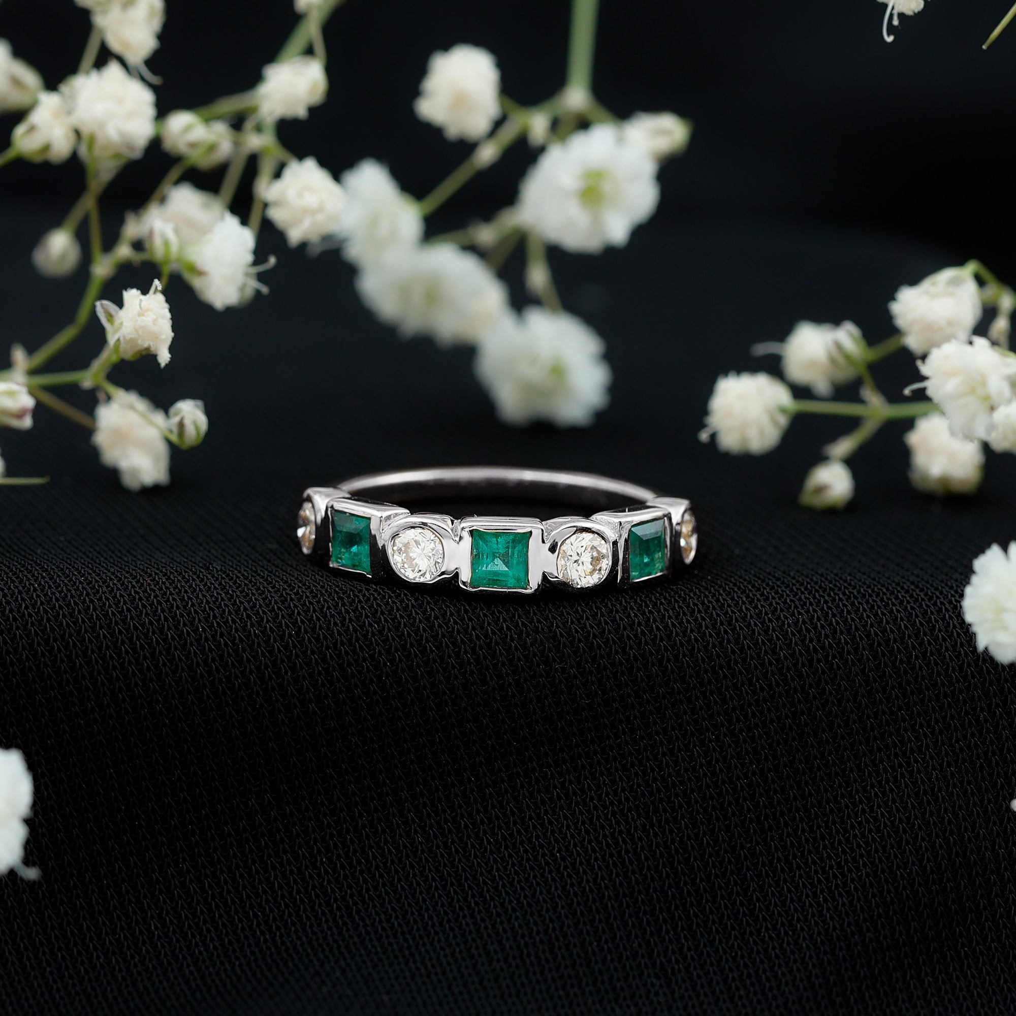 Real Emerald and Diamond Half Eternity Wedding Band in Bezel Set AAA - Rosec Jewels
