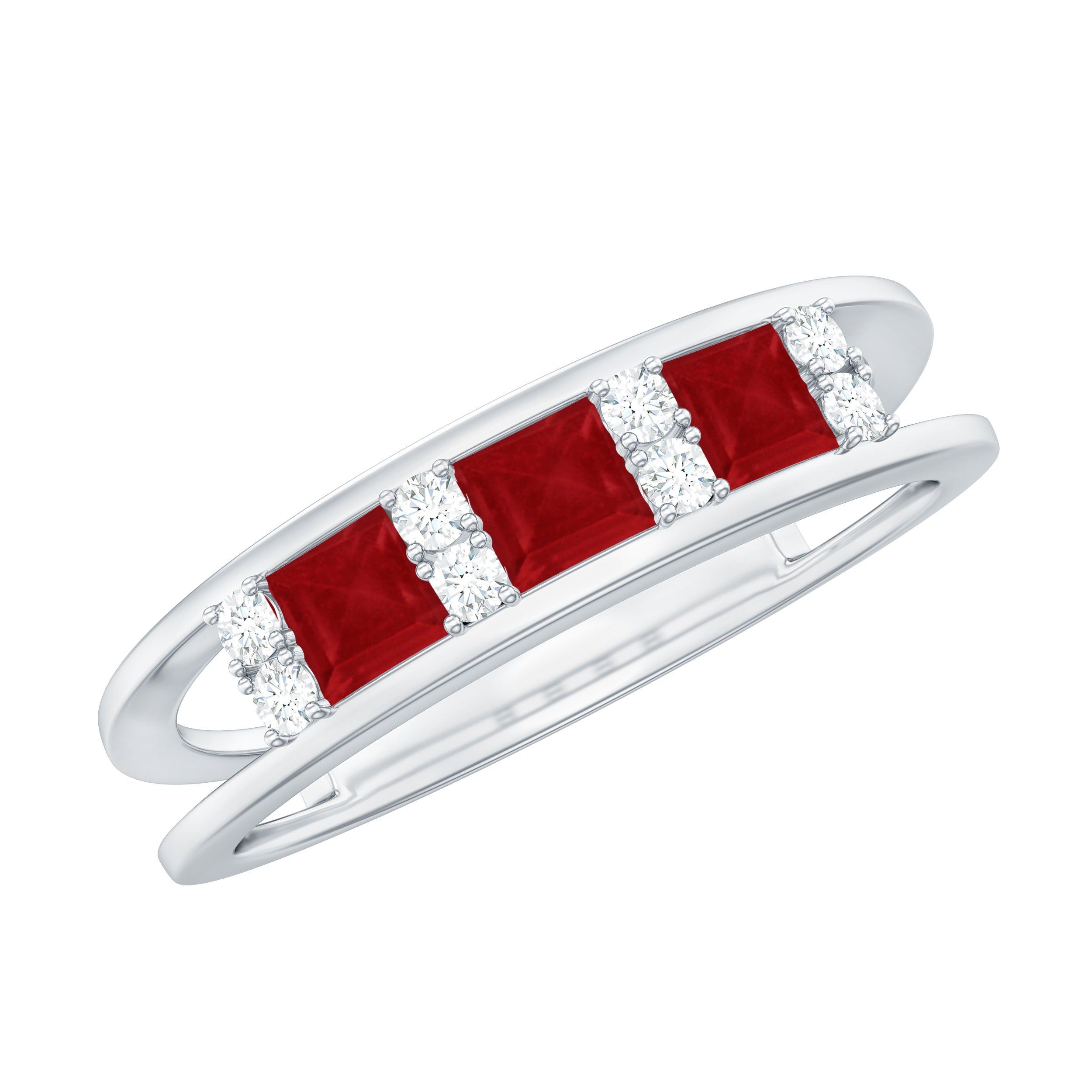 Rosec Jewels-Natural Princess cut Ruby Double Band Ring with Diamond