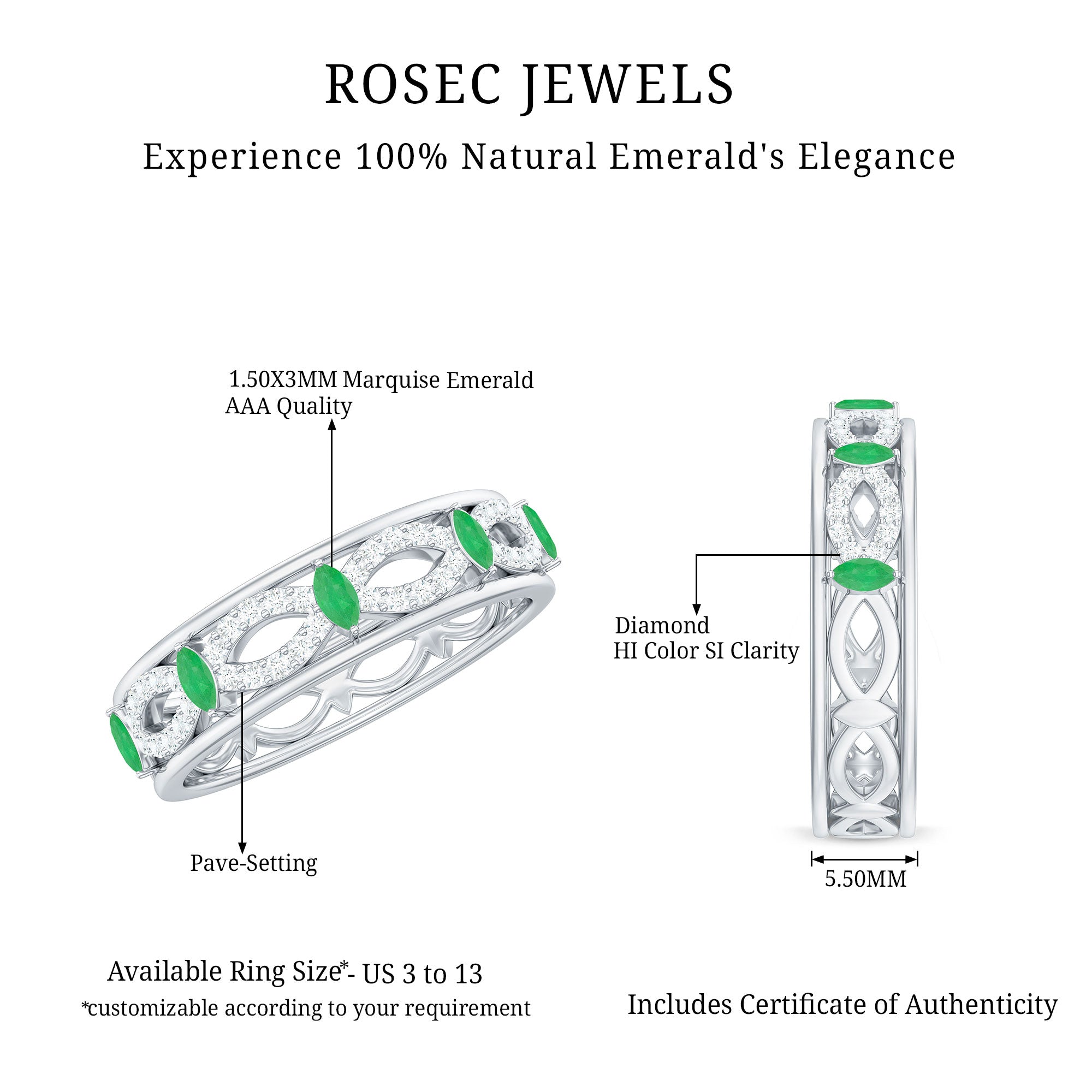Genuine Emerald Diamond Eternity Wedding Band with Infinity Shank AAA - Rosec Jewels