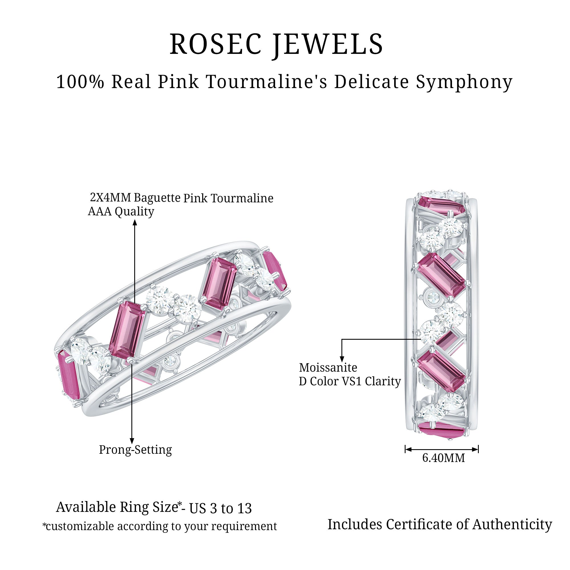Certified Pink Tourmaline and Diamond Zig Zag Eternity Band AAA - Rosec Jewels