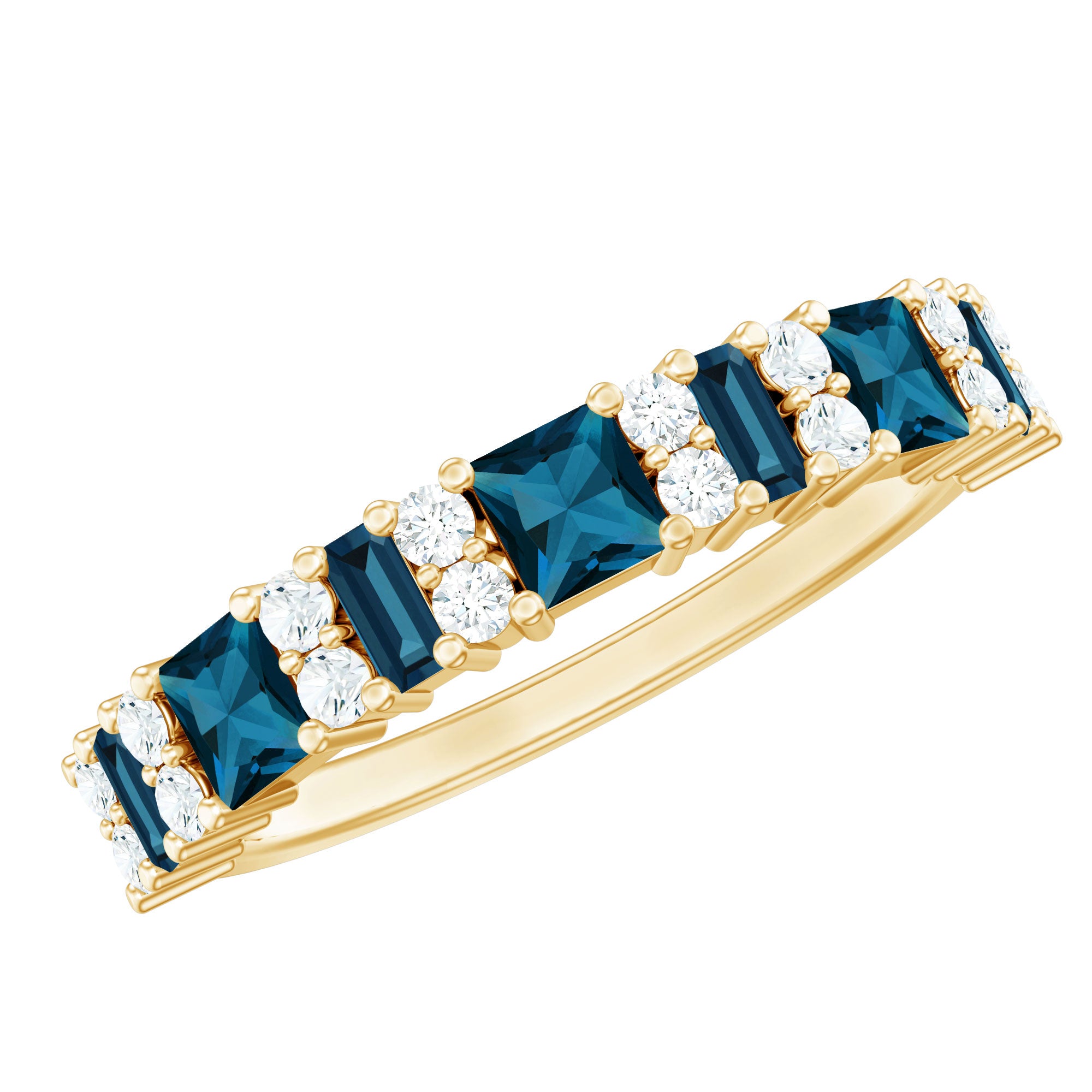 Baguette and Princess Cut London Blue Topaz Half Eternity Ring with Moissanite AAA - Rosec Jewels