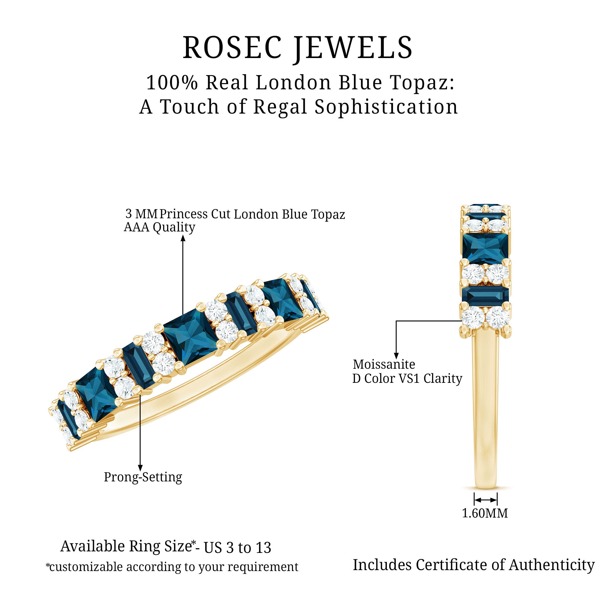 Baguette and Princess Cut London Blue Topaz Half Eternity Ring with Moissanite AAA - Rosec Jewels