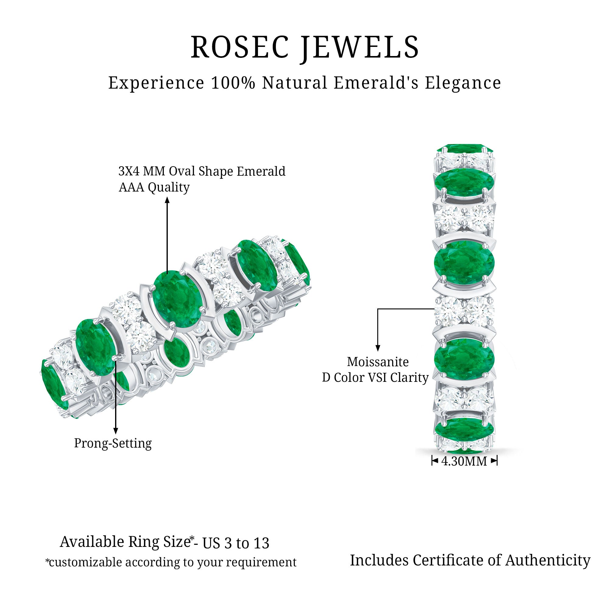 Rosec Jewels-Oval Emerald and Moissanite Eternity Wedding Band